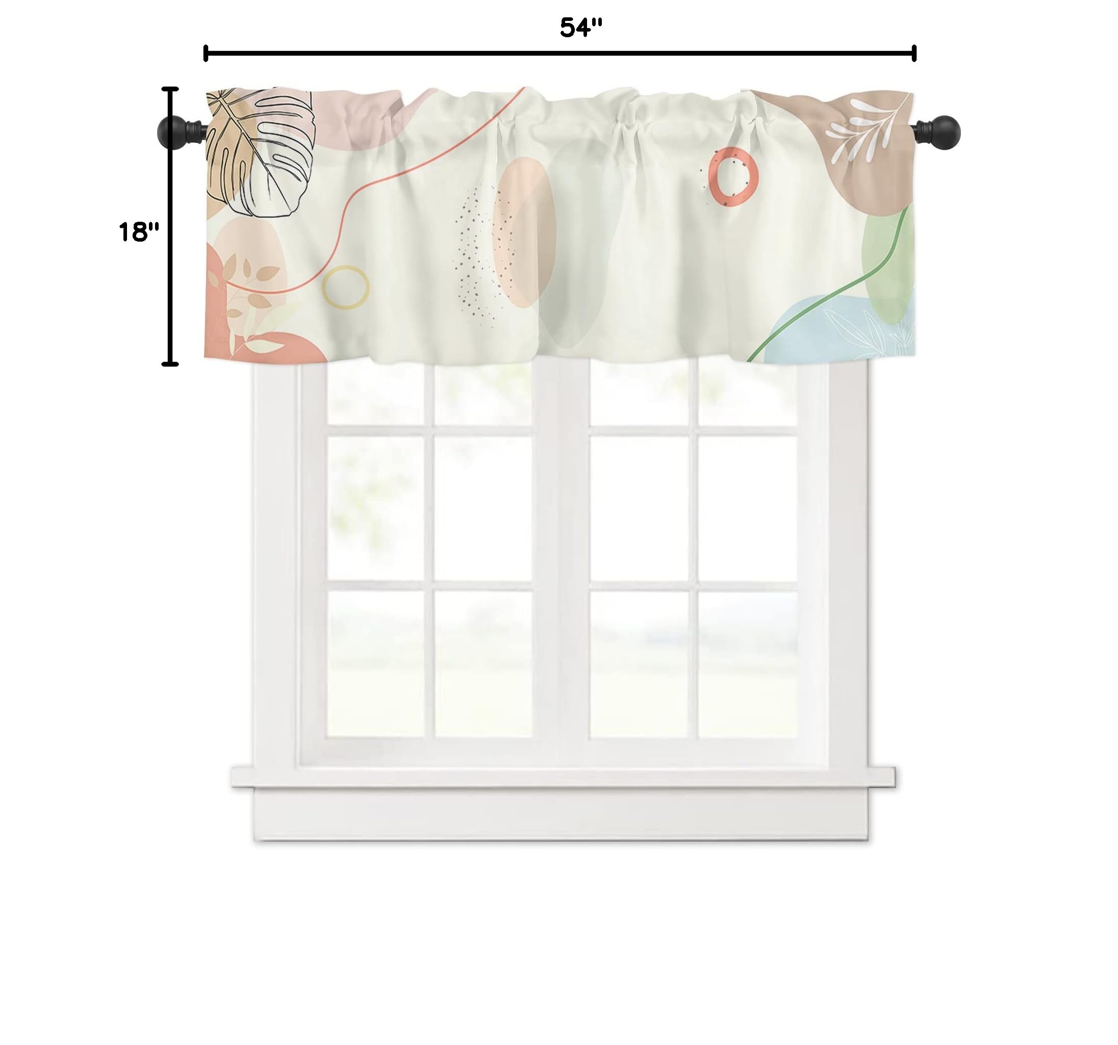 Modern Simple Abstract Boho Leaf Block Print Rod Pocket Window Valance Curtain Panel - Kitchen & Cafe Curtain Topper for Small Windows, Home Decor, Drape Treatment | Perfect for Boho Chic, Farmhouse & Minimalist Interior Design Styles