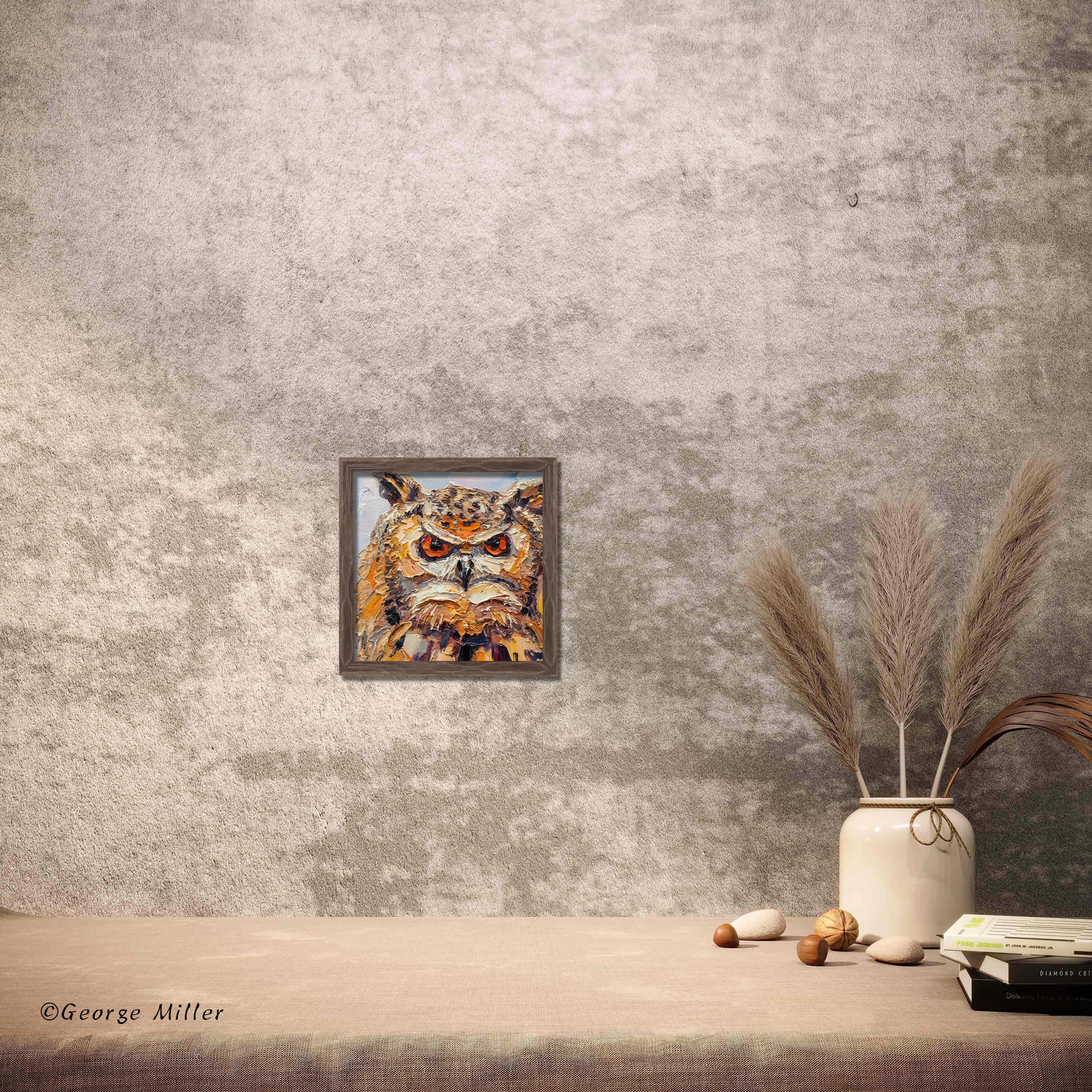 Original Owl Impasto Oil Painting - Wildlife Art with Majestic Gaze by George Miller | Handmade Home Decor for Living Room & Office Wall