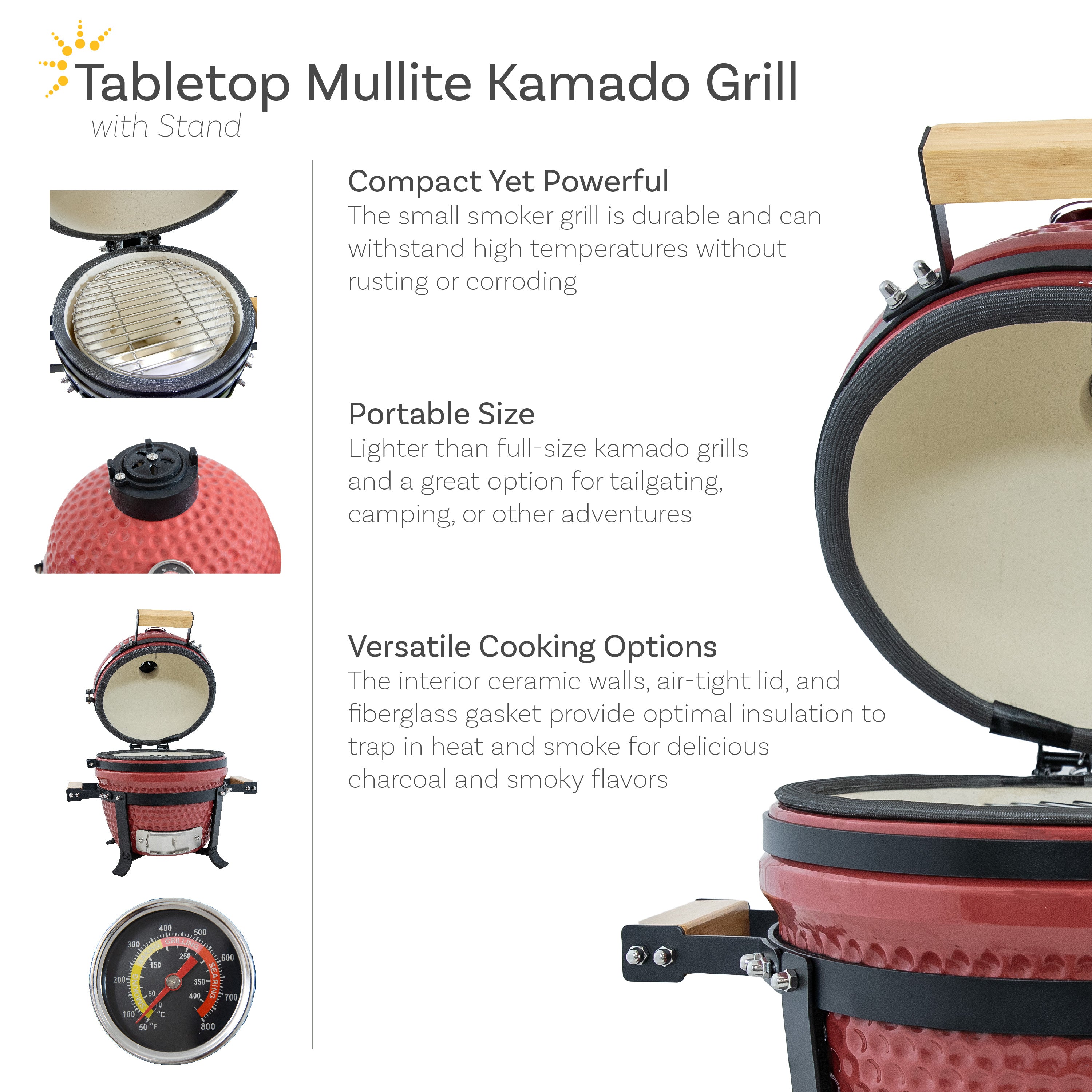 Portable Kamado Charcoal Grill and Smoker with Stand - Outdoor BBQ, Camping & Backyard Cooking - Perfect for Patio, Picnics & Tailgating