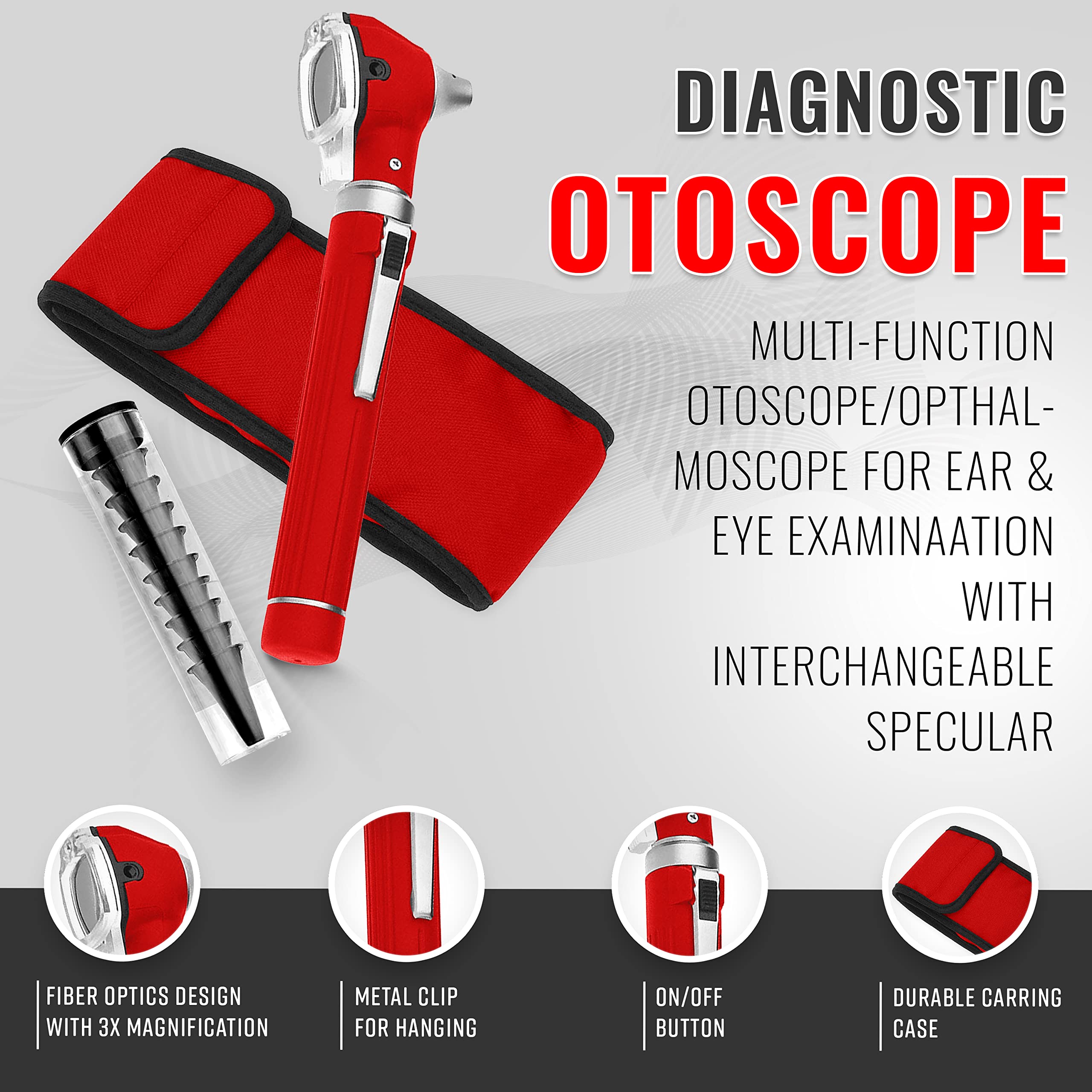 ASA TECHMED Professional Nurse Essentials Kit - Adult Aneroid Blood Pressure Monitor, Stethoscope & Diagnostic Otoscope in Travel Case (Red) | Perfect for Home Healthcare, Clinical Use & Medical Students