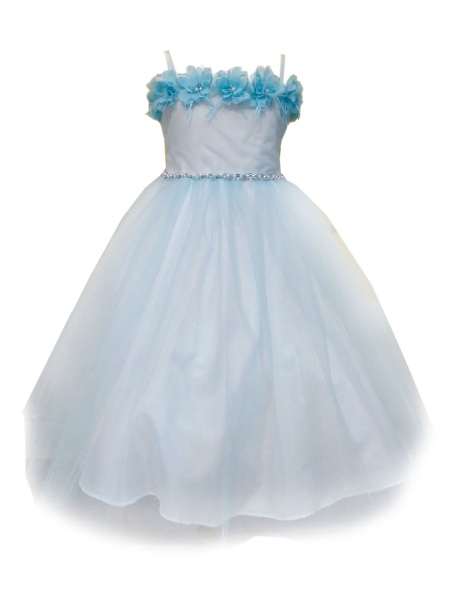 Big Girls Bahama Blue Floral Off Shoulder Tulle Junior Bridesmaid Dress Size 8-16 | Elegant Flower Girl Dress for Weddings, Parties & Special Occasions