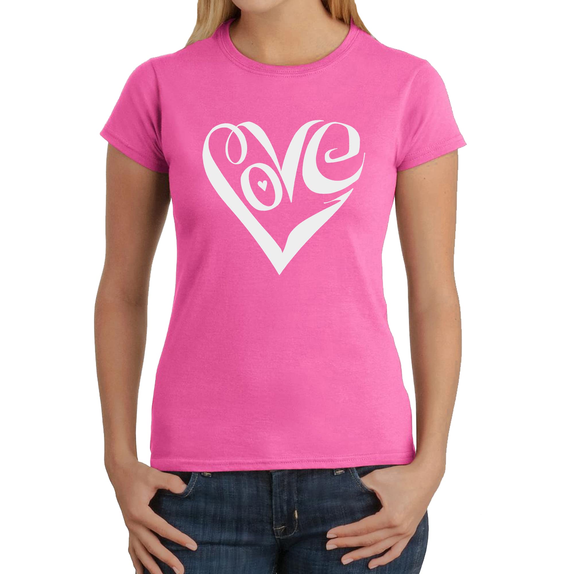 LA POP ART Women's Word Art T-Shirt - Script Love Heart Design | Casual Graphic Tee for Women | Perfect for Date Nights, Girls' Outings & Everyday Wear