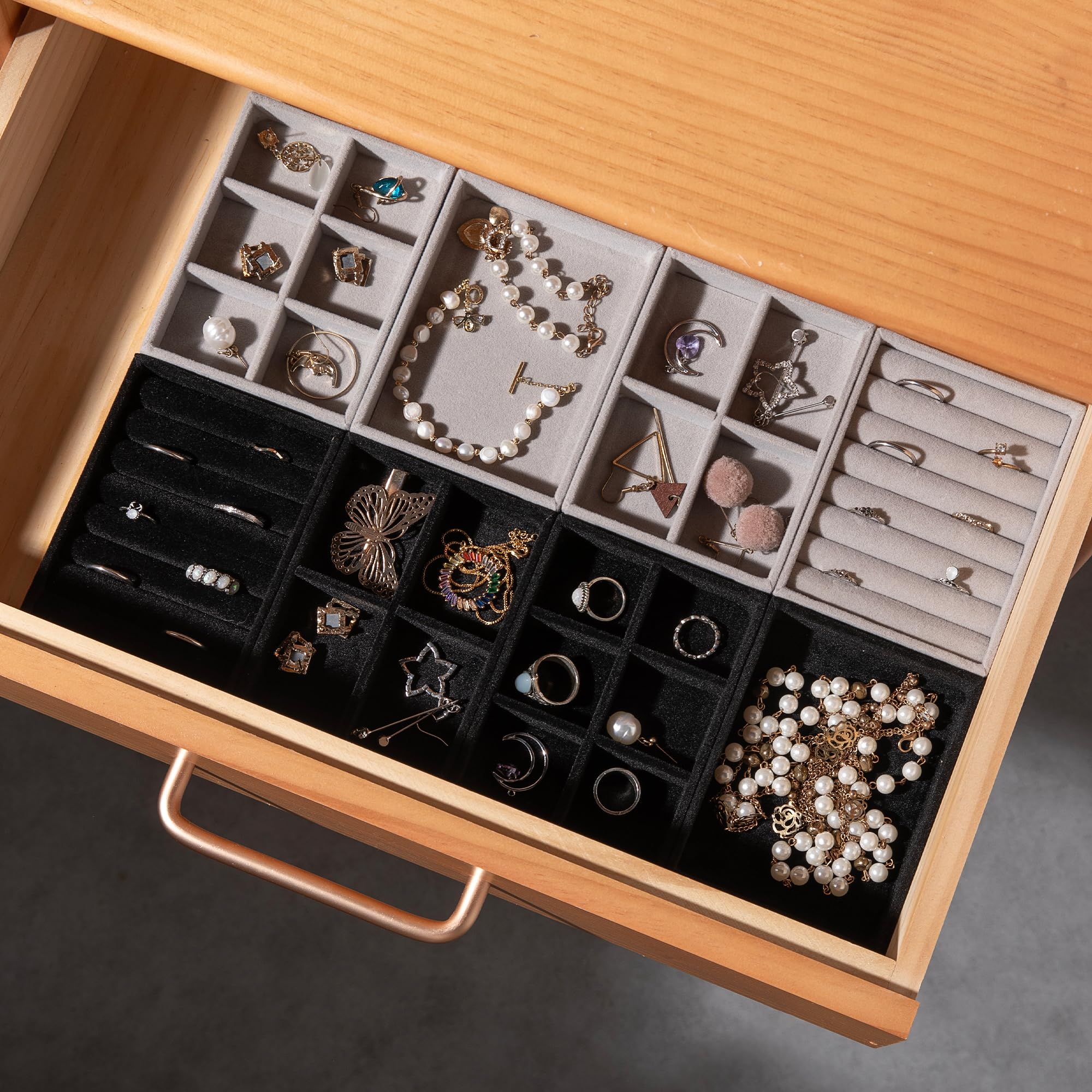 Frebeauty Small Jewelry Tray Set - Velvet Ring Organizer & Stackable Jewelry Drawer Tray - 4.92 x 3.74 x 0.9 Inches with 7 Slots - Perfect for Women's Jewelry Storage & Travel (Set of 2, Black)