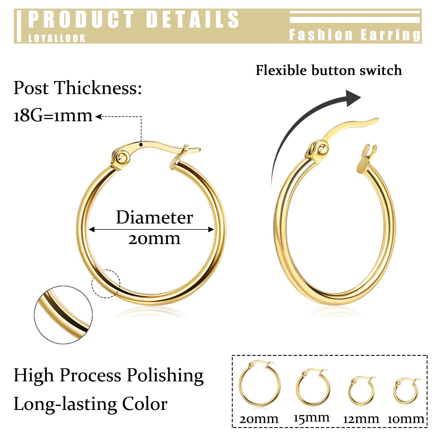 LOYALLOOK Gold Hoop Earrings Set for Women - 10/12/15/20MM Stainless Steel Small Huggie Earrings, Nickel Free, Hypoallergenic - Perfect for Everyday Wear, Office, Date Night & Gift Giving