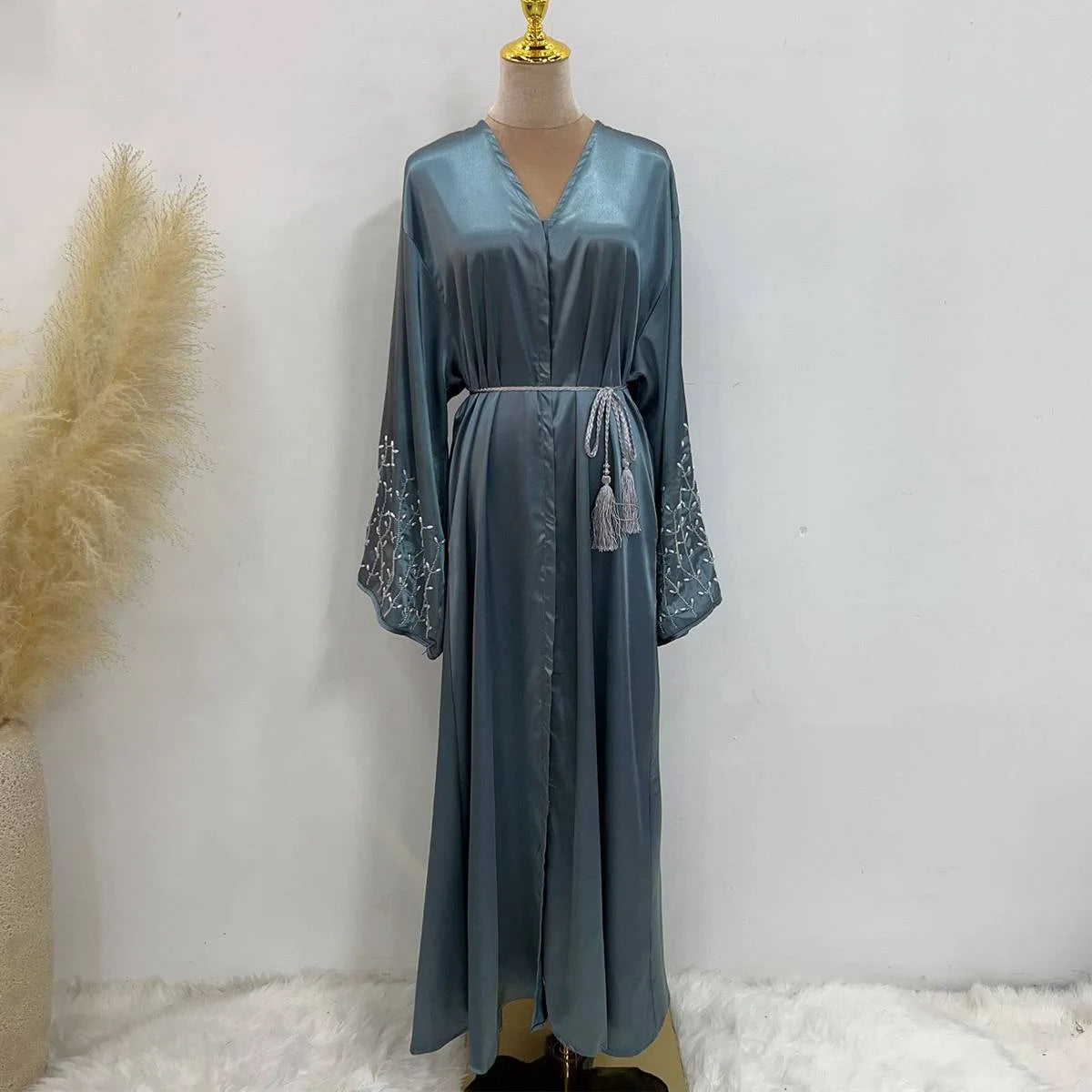 Elegant Hand-Beaded Muslim Women's Open Abaya Dress - Modest Islamic Prayer Dress for Eid, Ramadan & Special Occasions