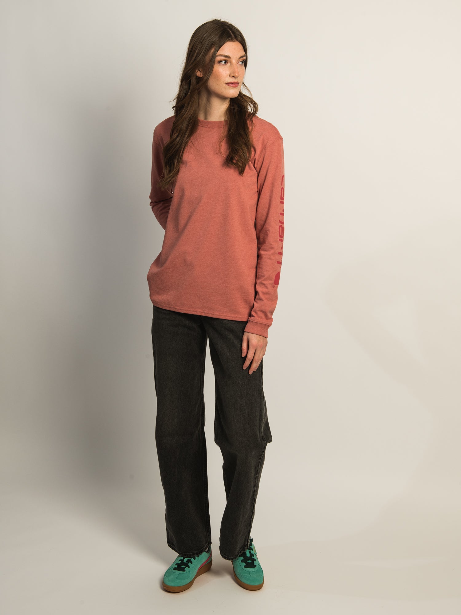 Carhartt Men's Long Sleeve Logo T-Shirt - Rose Pink Cotton Crewneck Tee for Work, Casual Wear & Outdoor Activities
