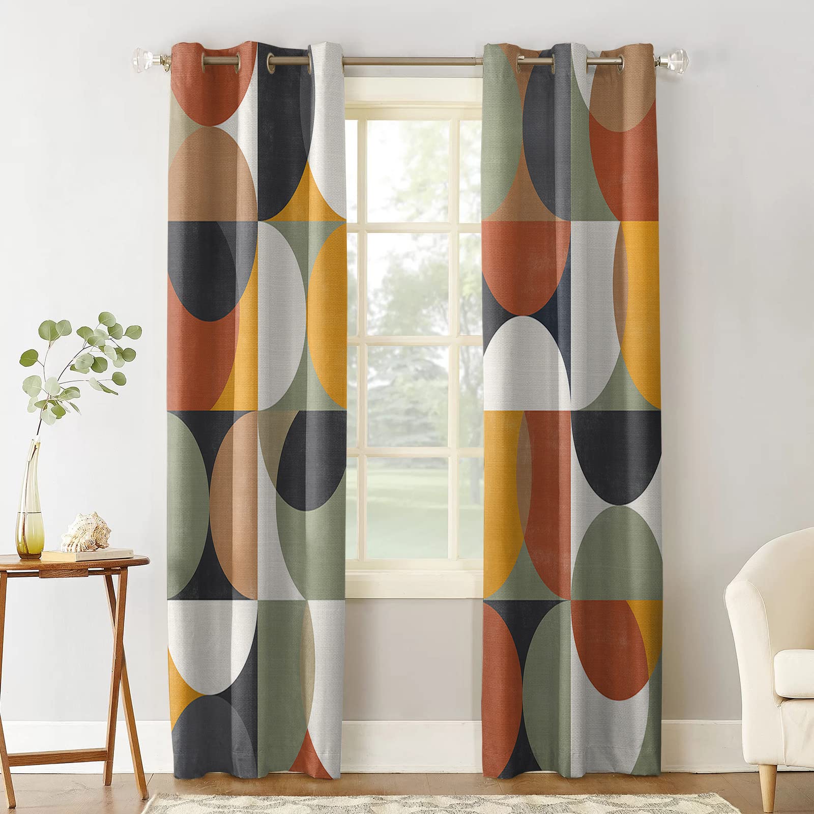 Mid Century Modern Curtains - Retro Orange Yellow Green Abstract Geometric Blackout Drapes (52x45 Inch, 2 Panels) | Thermal Insulated Room Darkening Window Treatments for Living Room & Bedroom | Perfect for Vintage Home Decor & Light Control