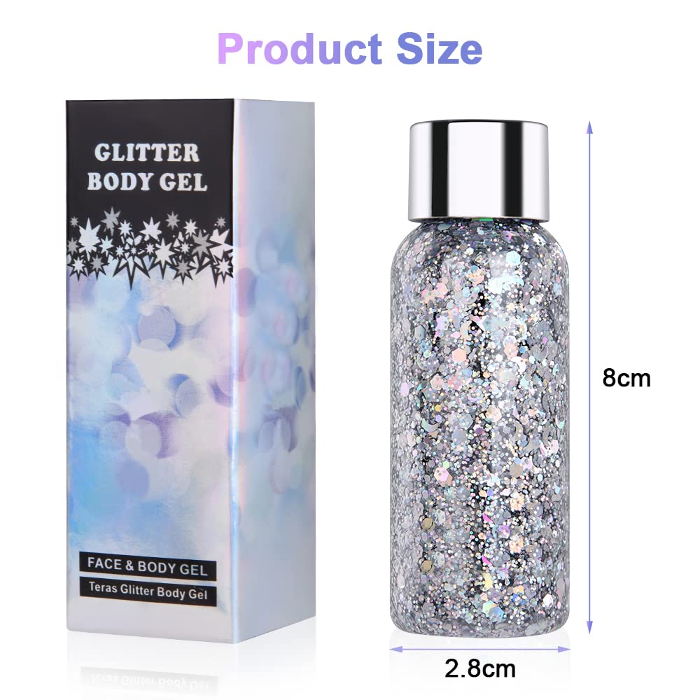 URAQT Holographic Mermaid Sequins Chunky Cosmetic Glitter Gel - Sparkling Face & Body Makeup for Festivals, Parties, Halloween & DIY Art (Silver) | Perfect for Eye, Hair, Nail Designs & Creative Projects