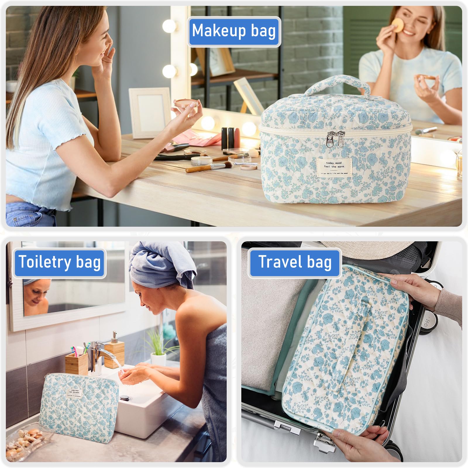 Large Floral Quilted Makeup Bag Set - Cute Cotton Cosmetic Organizer with Zipper, Travel Toiletry Pouch for Women & Teen Girls (Blue) - Perfect for Travel, Daily Use & Gift Giving