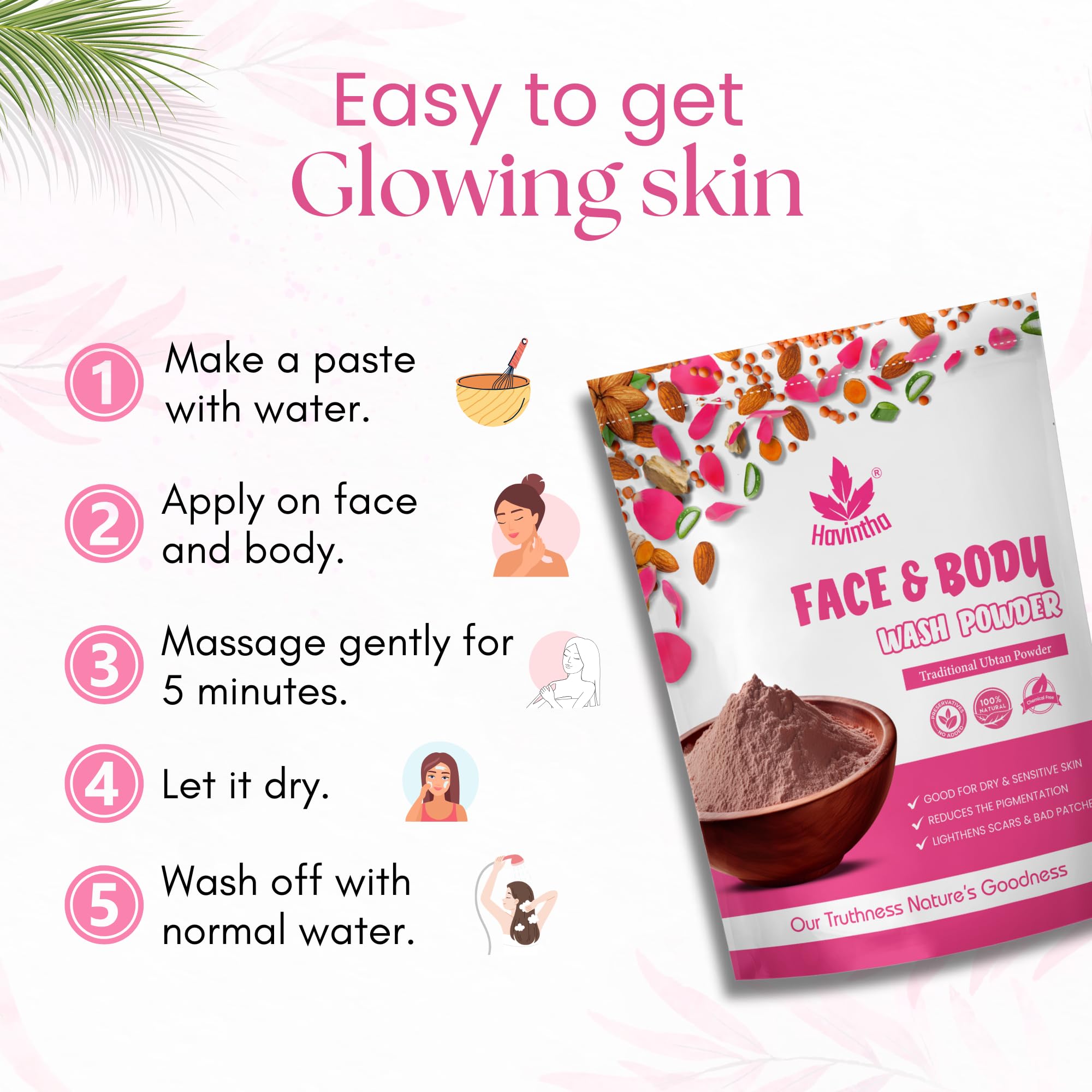 Havintha Natural Face and Body Wash Powder for Dry Skin - 227g | Gentle Cleanser, Tan Removal, Skin Brightening, Acne Treatment | Men & Women | Perfect for Daily Skincare & Post-Sun Care