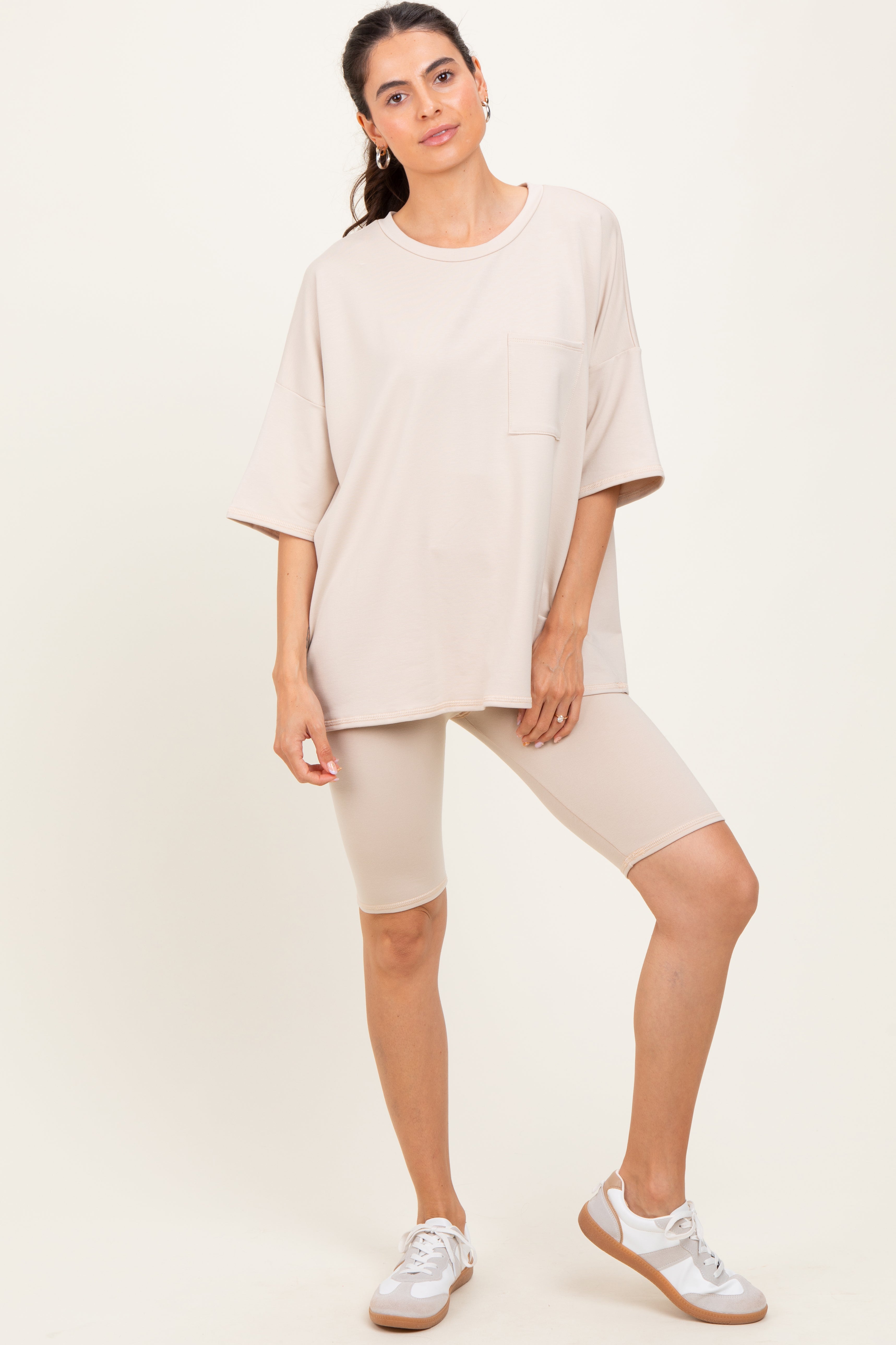 Beige Oversized Short Sleeve Biker Short Set for Women - Trendy Summer Workout Outfit, Lounge Wear & Casual Street Style