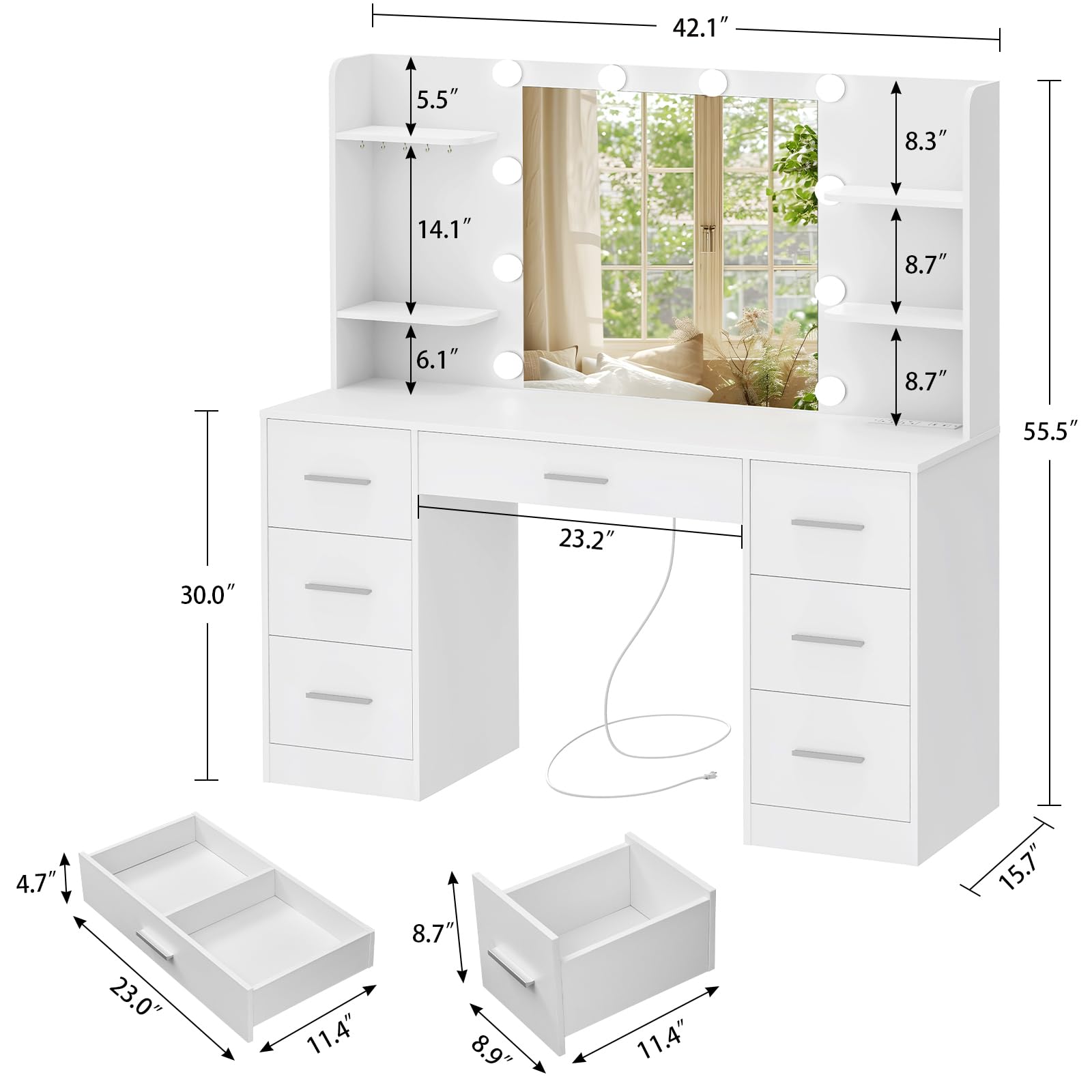 Quimoo White Large Vanity Desk with LED Lighted Mirror & Power Outlet - Makeup Vanity Table with 7 Drawers, 4 Shelves & 5 Hooks - Perfect for Bedroom & Bathroom Organization - Ideal for Makeup, Skincare & Jewelry Storage