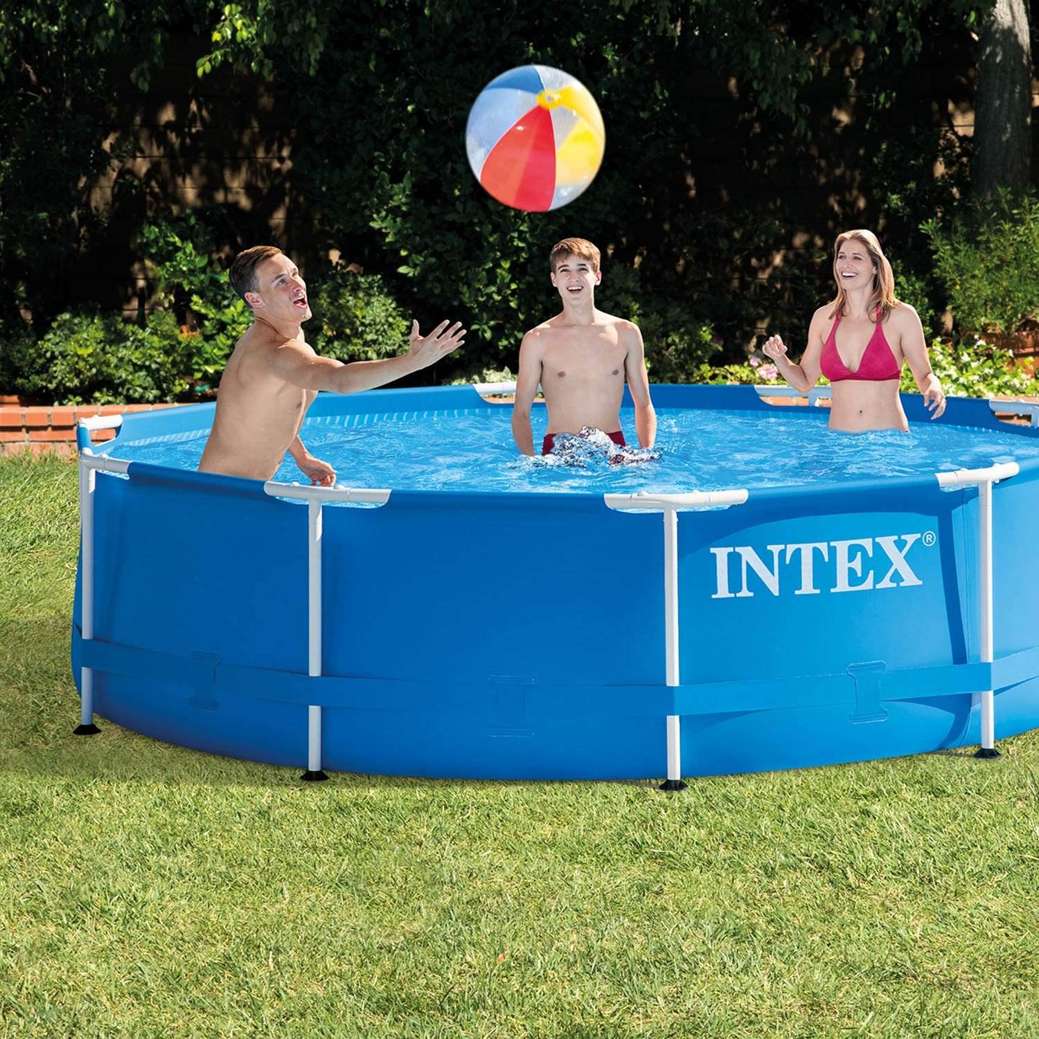 Intex 10x2.5英尺圆形金属框架地上泳池套装，含330加仑/小时过滤泵，适合家庭后院夏日清凉
