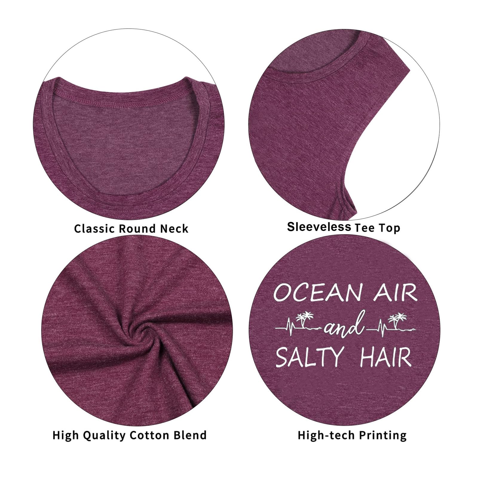 Women's Beach Tank Tops - Ocean Air & Salty Hair Graphic Sleeveless Summer Shirts for Vacation & Casual Wear | Perfect for Beach Trips, Pool Parties & Summer Outings