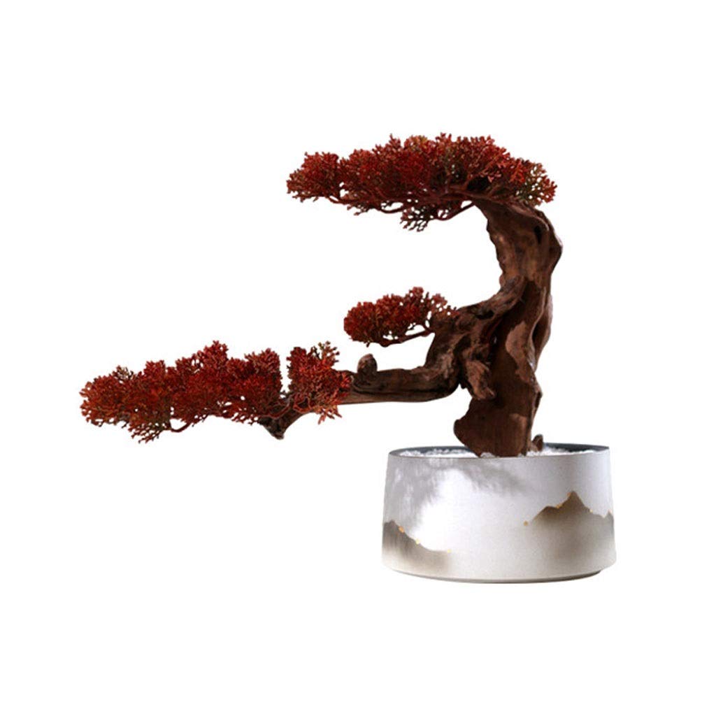 Realistic Artificial Bonsai Tree - Chinese Style Faux Pine Plant for Home & Hotel Decor | Zen Interior Design, Office Desk & Living Room Decoration | Fake Red & Green Pine Tree for Indoor Potted Plants