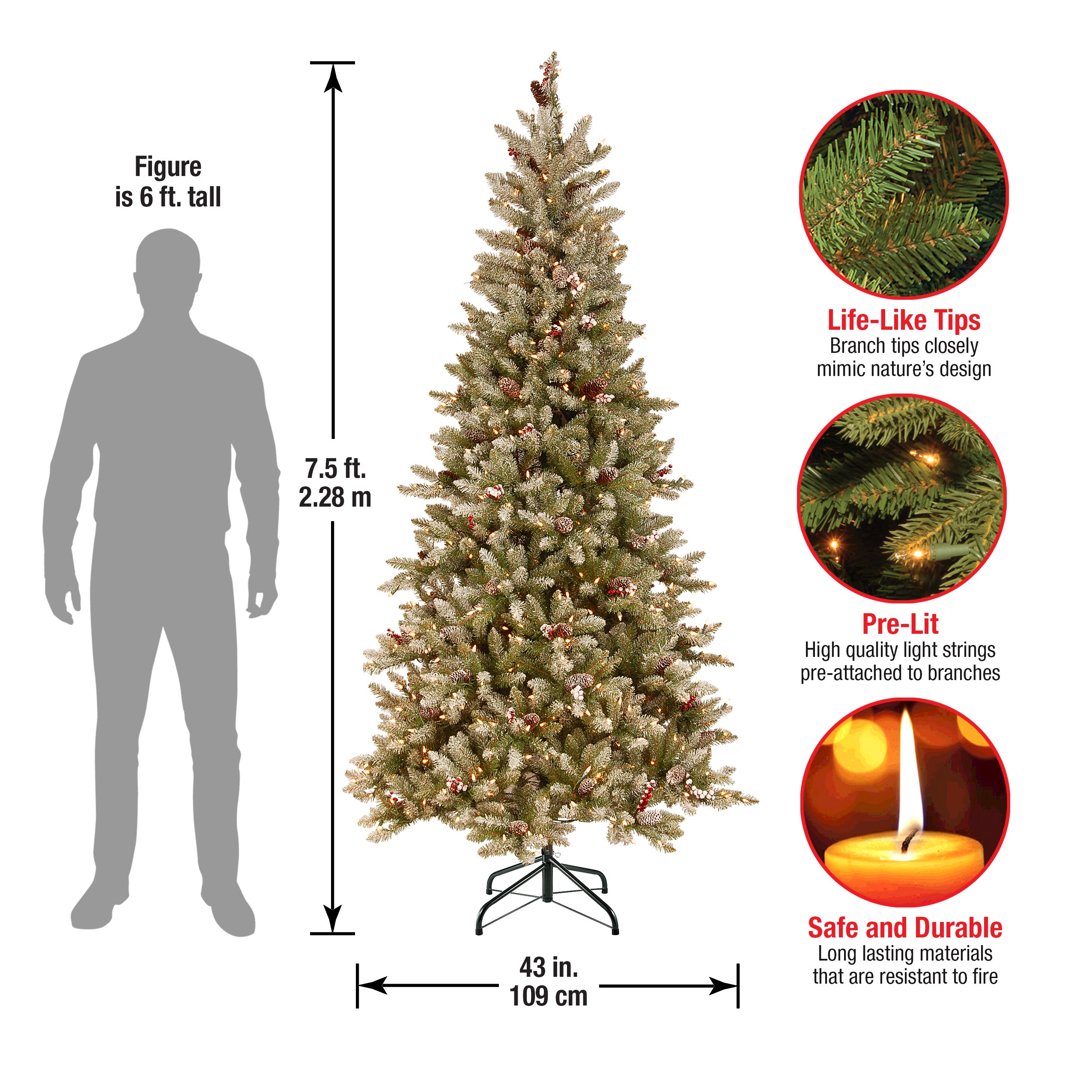 7.5 ft Pre-Lit Dunhill Fir Slim Artificial Christmas Tree with 500 Clear LED Lights - Perfect for Small Spaces & Holiday Decor