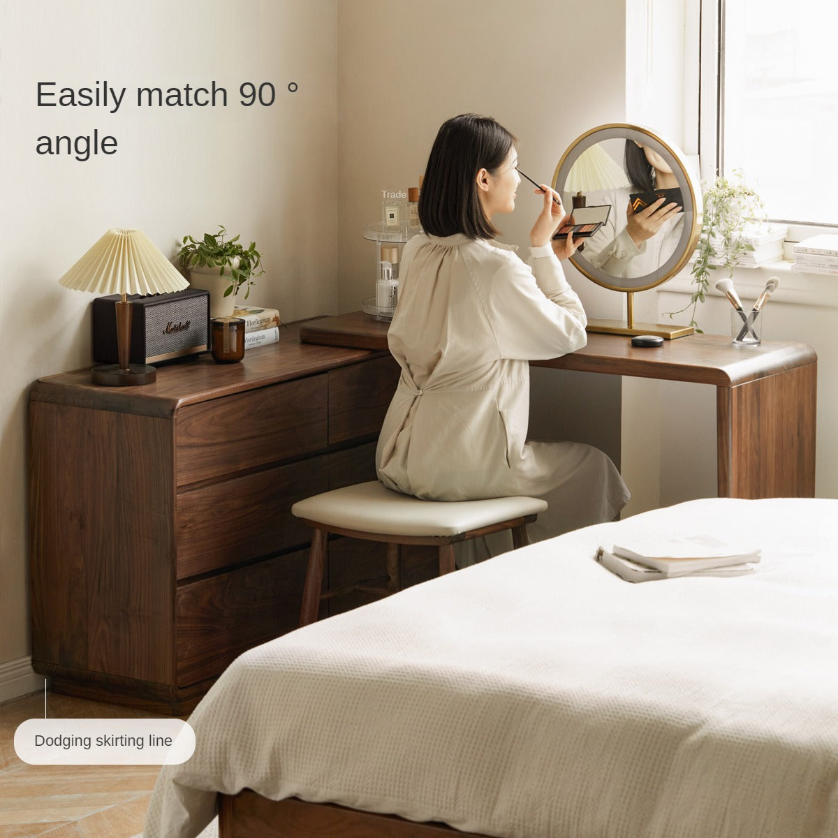 Premium Black Walnut & Golden Sandalwood Solid Wood Extendable Vanity Dressing Table - Perfect for Bedroom Makeup, Beauty Salon & Home Decor
