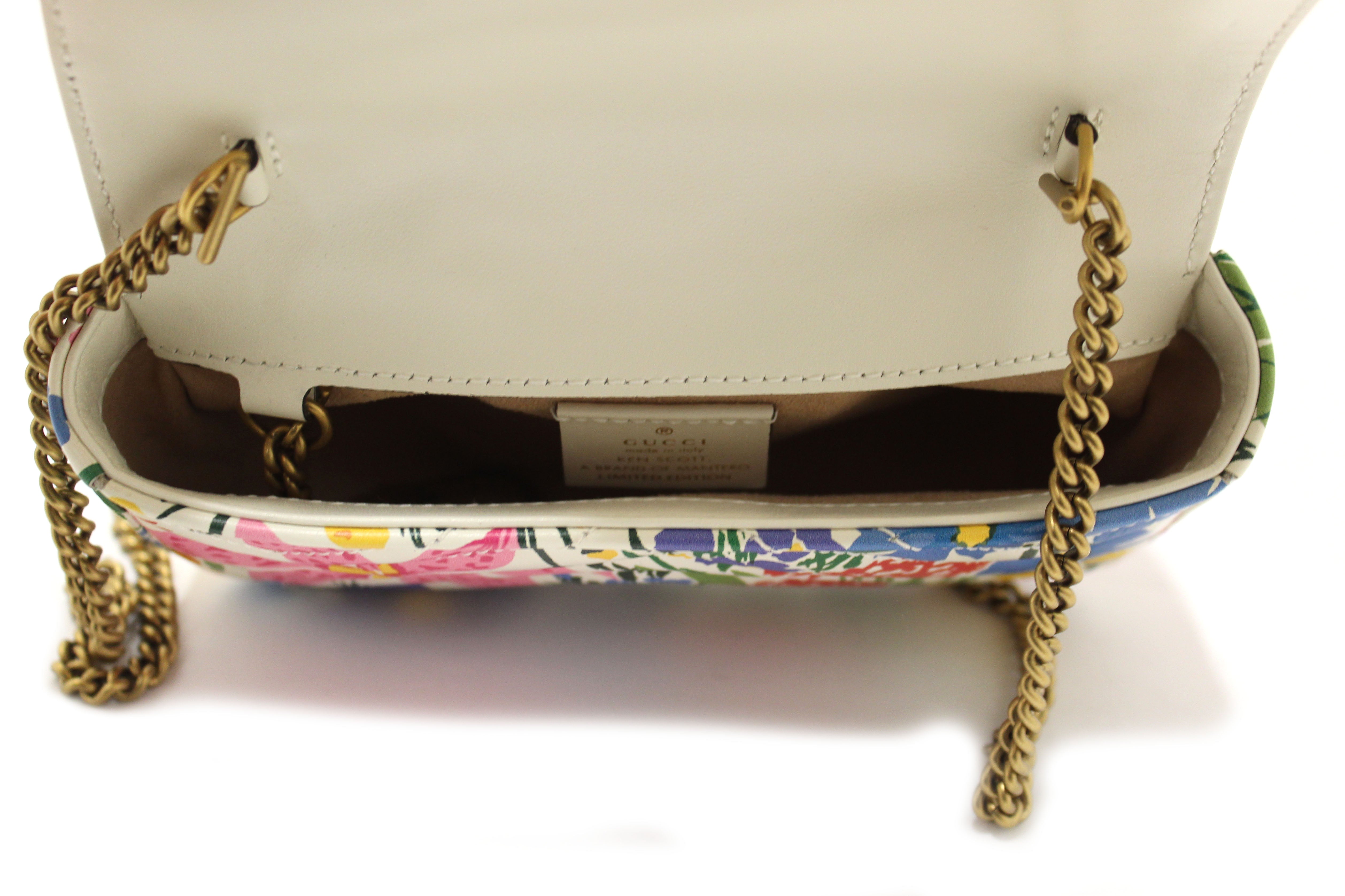 Authentic Gucci Limited Edition Ken Scott White Floral Marmont Matelasse Leather Super Mini Chain Bag 476433 | Luxury Designer Crossbody Purse for Women | Perfect for Parties, Weddings & Date Nights