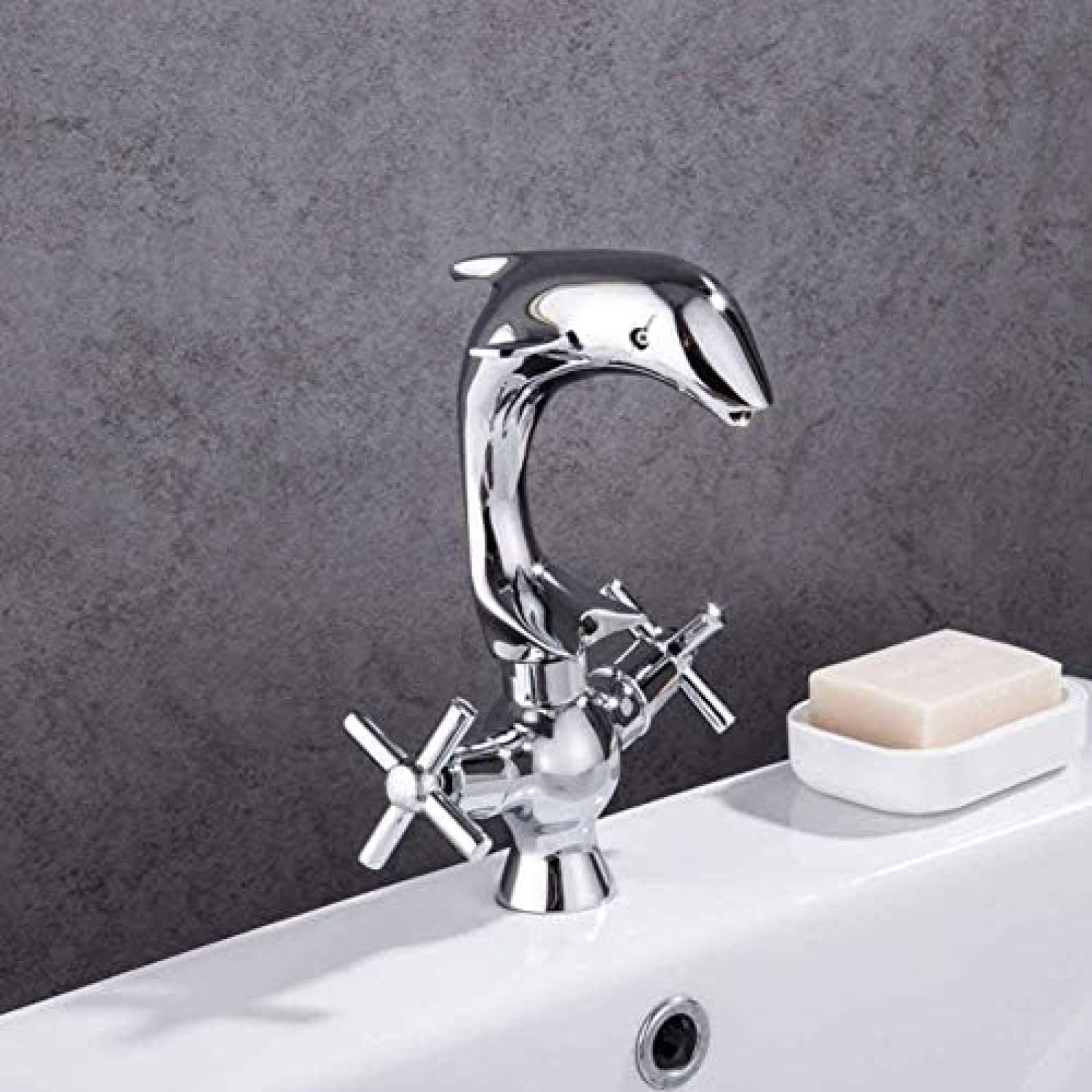 CRJUS Modern Double Handle Kitchen Faucet - Brass Dolphin Design Mixer Tap with Hot & Cold Water Control - Perfect for Contemporary Home, Restaurant, and Commercial Kitchen Use