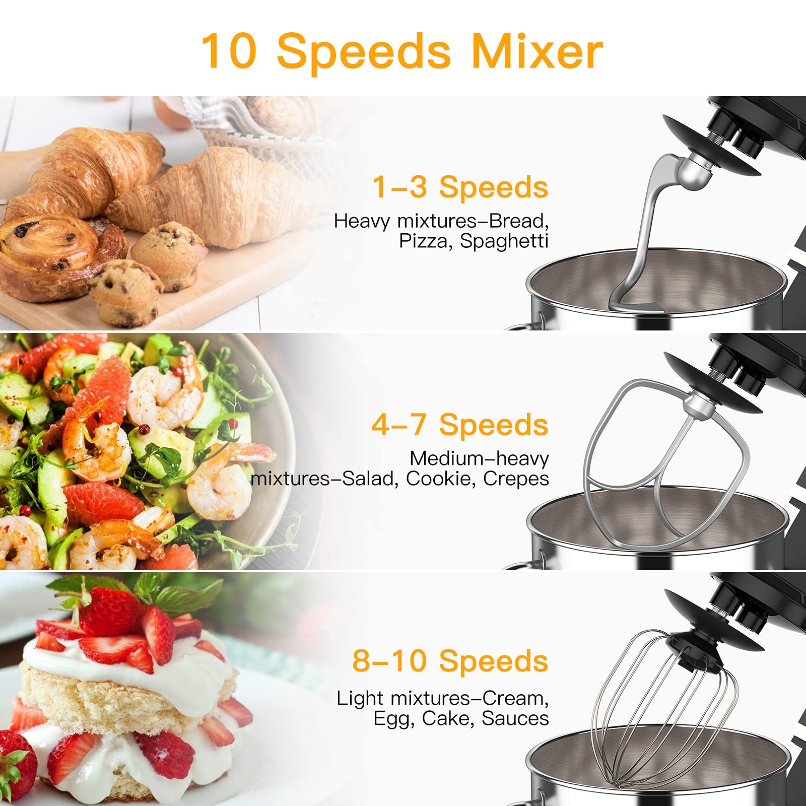 Garvee 7.5QT Stand Food Mixer - 10-Speed Tilt Head Electric Kitchen Mixer with Stainless Steel Bowl, 3-IN-1 Attachments (Dough Hook, Beater, Egg Whisk) & Splash Guard - Compact Dough Mixer for Baking, Cooking & Meal Prep - Perfect for Home Bakers & Chefs (Black)