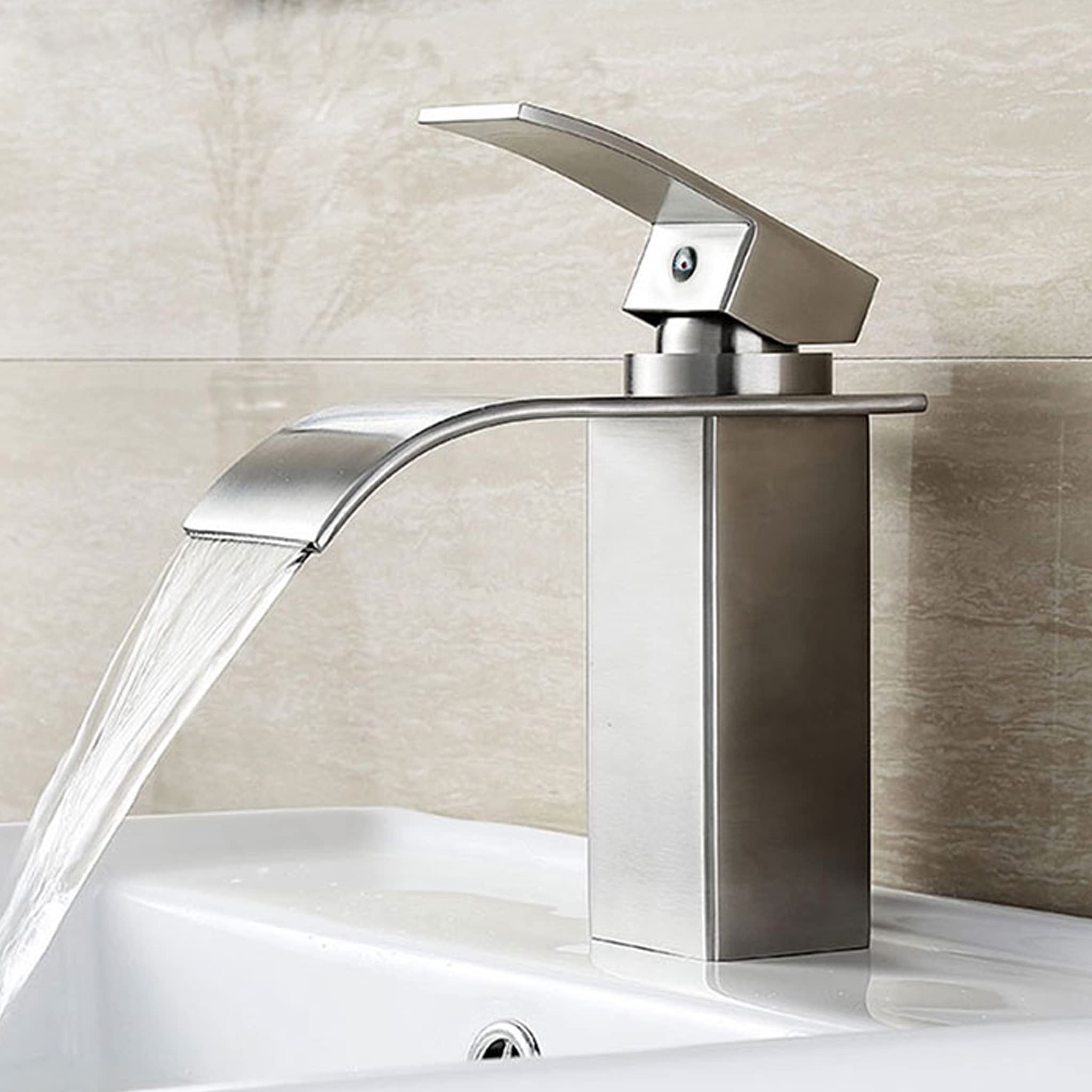 Novatto GF-136SBN Brushed Nickel Bathroom Sink Faucet - Modern Waterfall Spout Design for Vanity, Powder Room & Guest Bath Installation