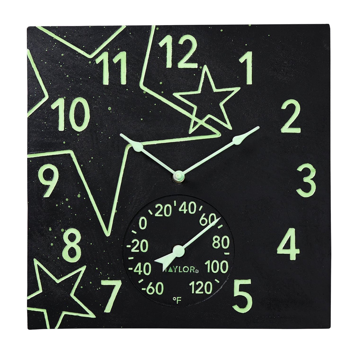 14x14 Midnight Stars Glow in the Dark Wall Clock with Thermometer - Perfect for Bedroom, Kids Room & Home Decor at Night