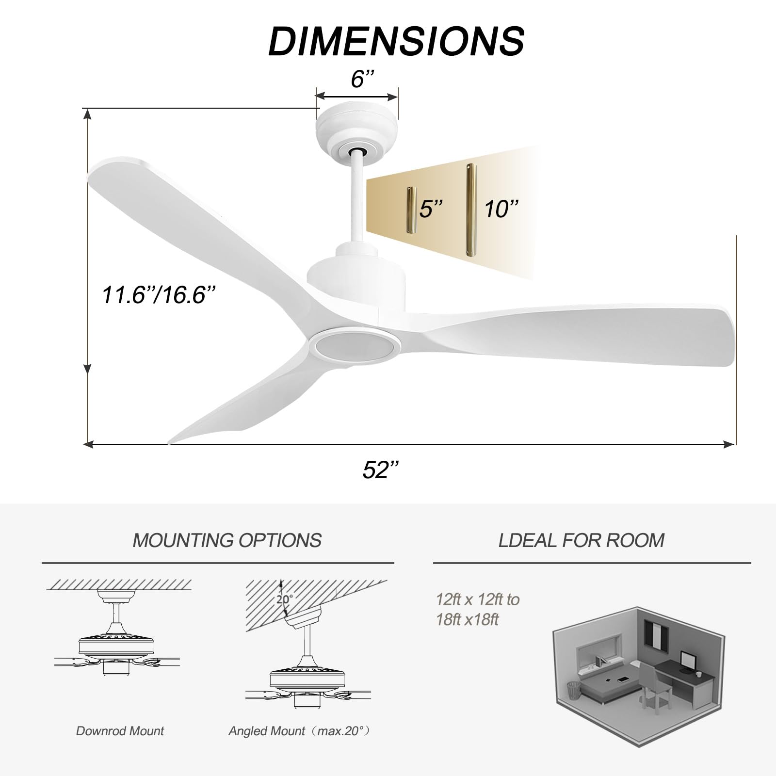 52 Inch Smart Ceiling Fan with Quiet DC Motor - 3 Blade High CFM Indoor/Outdoor Modern White Ceiling Fan with Remote Control & LED Light - Perfect for Bedroom, Living Room, Patio and Covered Porch
