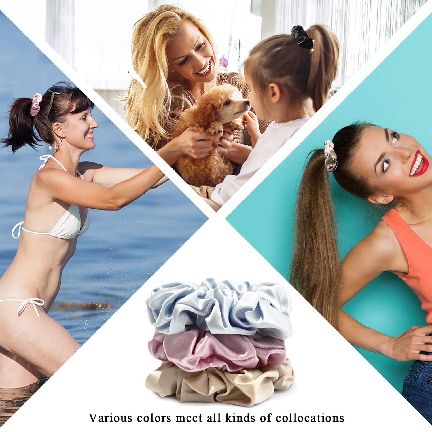 ALIBA COLLECTION Satin Hair Scrunchies - 6 Pack Soft Elastic Hair Ties for Women, Gentle No Pull Hair Bands for Thick & Thin Hair - Perfect for Workout, Yoga, Sleep & Everyday Use