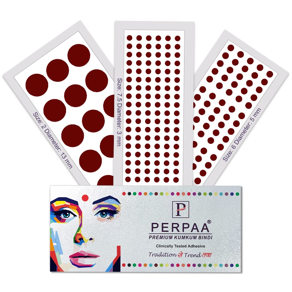 PERPAA Dark Maroon Round Kumkum Forehead Sticker Bindis for Women - Pack of 3 Flats (Dark Maroon Combo No.45) - Traditional Indian Bindi for Festivals, Weddings & Daily Wear