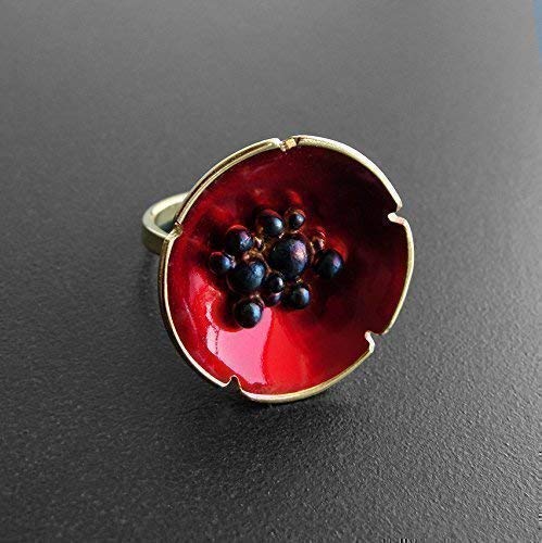 Handmade Enamel Poppy Flower Statement Ring - Unique Red Silver Jewelry for Women | Boho Chic Accessory, Gift for Her, Wedding, Party & Everyday Wear