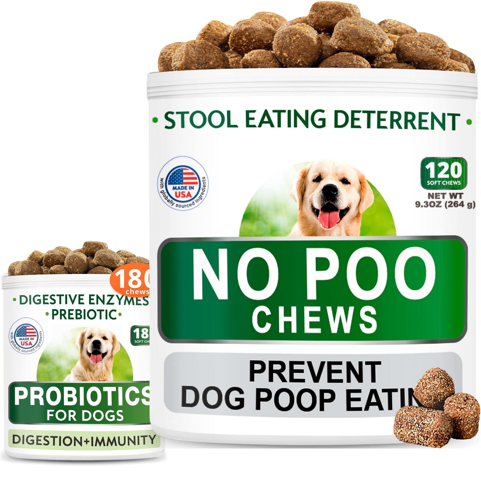 NO Poo + Dog Probiotics Chews Bundle - Prevent Coprophagia & Upset Stomach - Improve Digestion & Immunity - 780 Digestive Enzyme Chews with Prebiotics & Probiotics for Dogs - Perfect for Training, Travel & Daily Gut Health Support