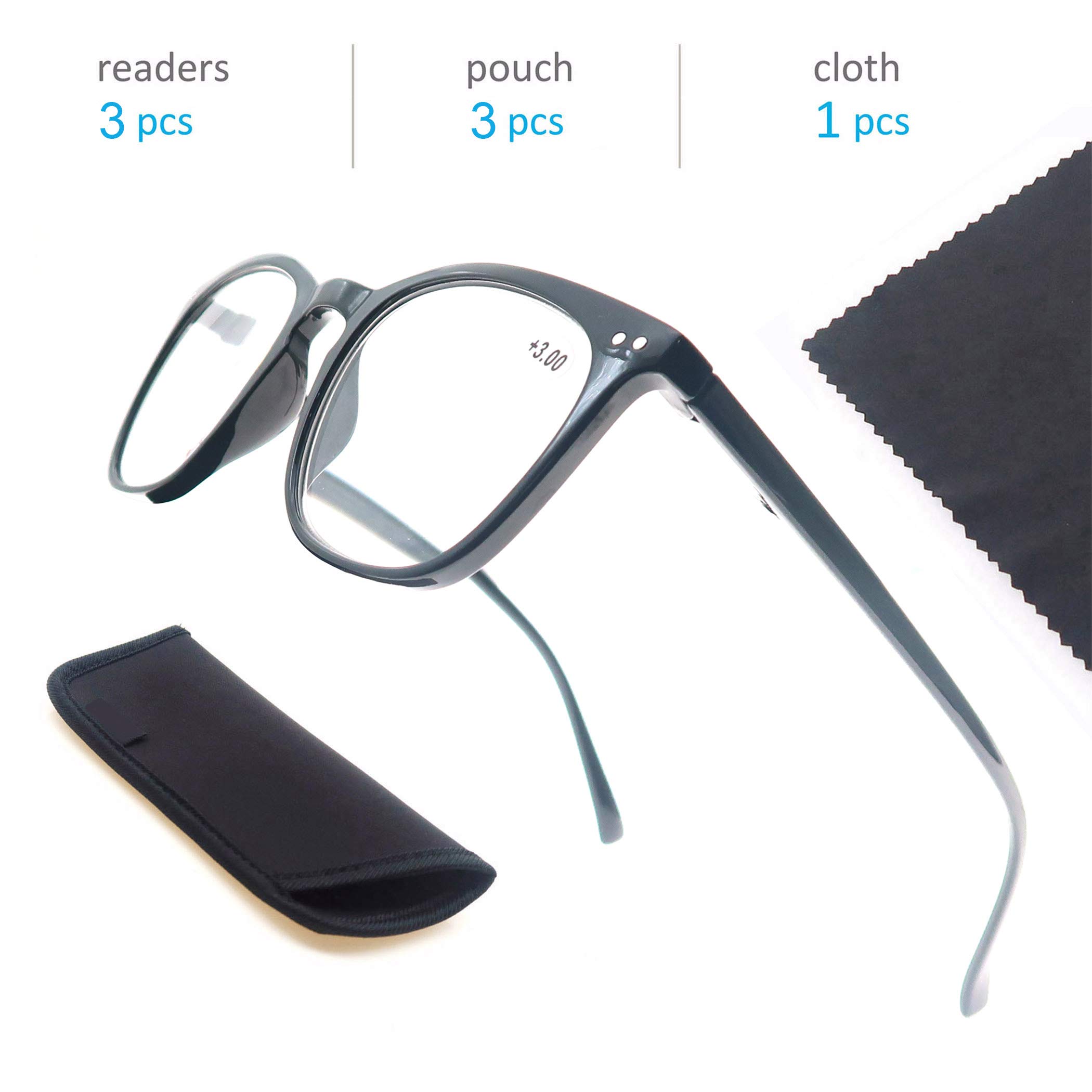 3 Pack Stylish Oval Reading Glasses for Women & Men - Flexible Spring Hinge +3.00 Strength Readers - Perfect for Reading Books, Using Phones & Working on Computers