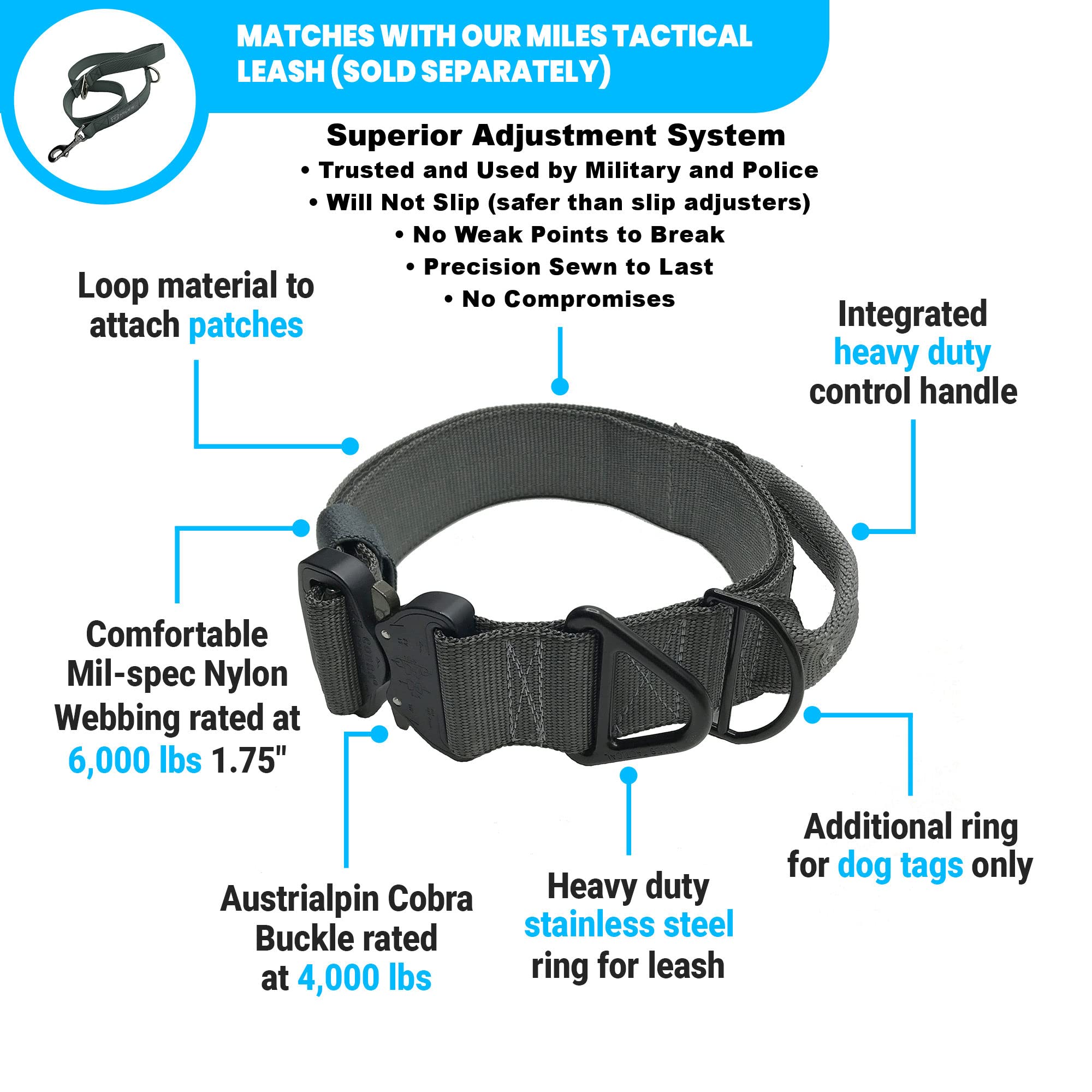 Heavy Duty Cobra Buckle Dog Collar for Large Dogs - K9 & Military Grade - Made in USA (Large Size with Handle, Wolf Gray) - Perfect for Training, Hiking & Outdoor Adventures