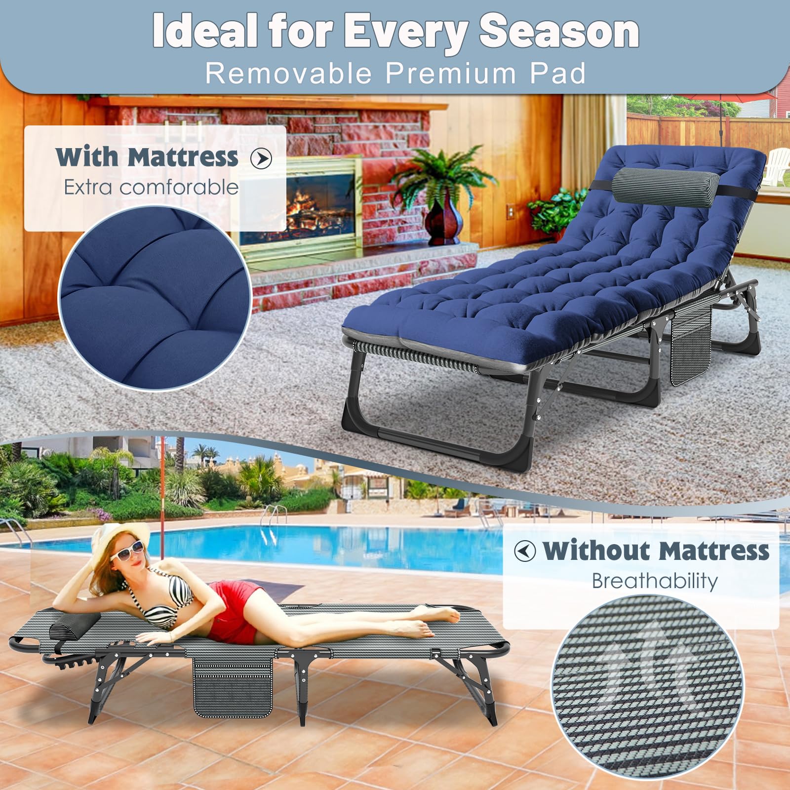 Slsy Portable Folding Cot for Adults - 5-Position Adjustable Chaise Lounge Chair for Outdoor, Beach, Camping & Poolside Relaxation | Lightweight Sunbathing Bed for Lawn, Patio & Backyard Use