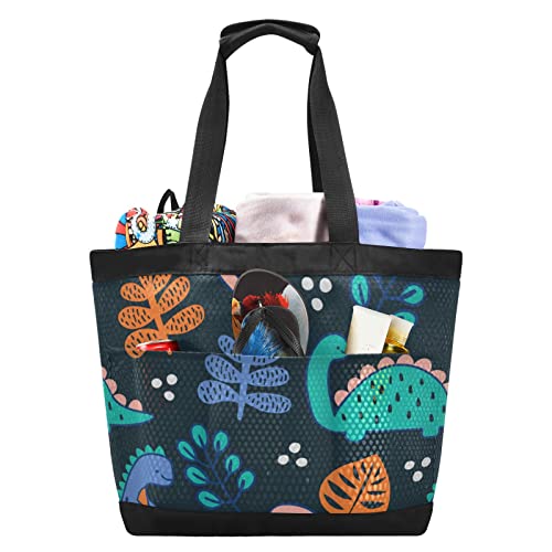 Dinosaur Leaves Beach Bag - Waterproof Large Mesh Tote for Travel, Pool, Gym & Yoga - Black | Perfect for Summer Outings, Beach Trips & Sports Activities