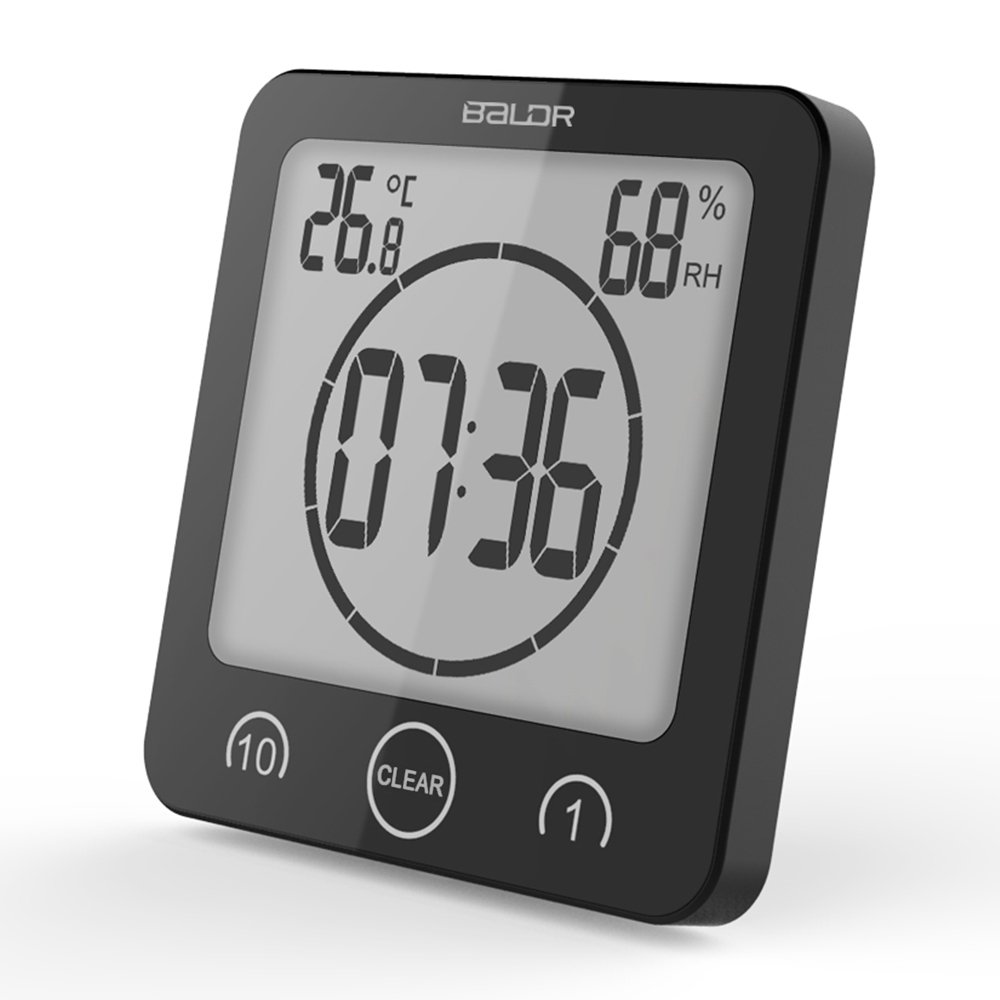 BALDR Digital Bathroom Clocks - 2 Pack Waterproof Shower Clock with Timer, Large LCD Display, Temperature & Humidity Sensor - Wall Mount Bathroom Clock for Shower, Gym, Spa (Black & White) - Perfect for Home, Office, and Travel Use