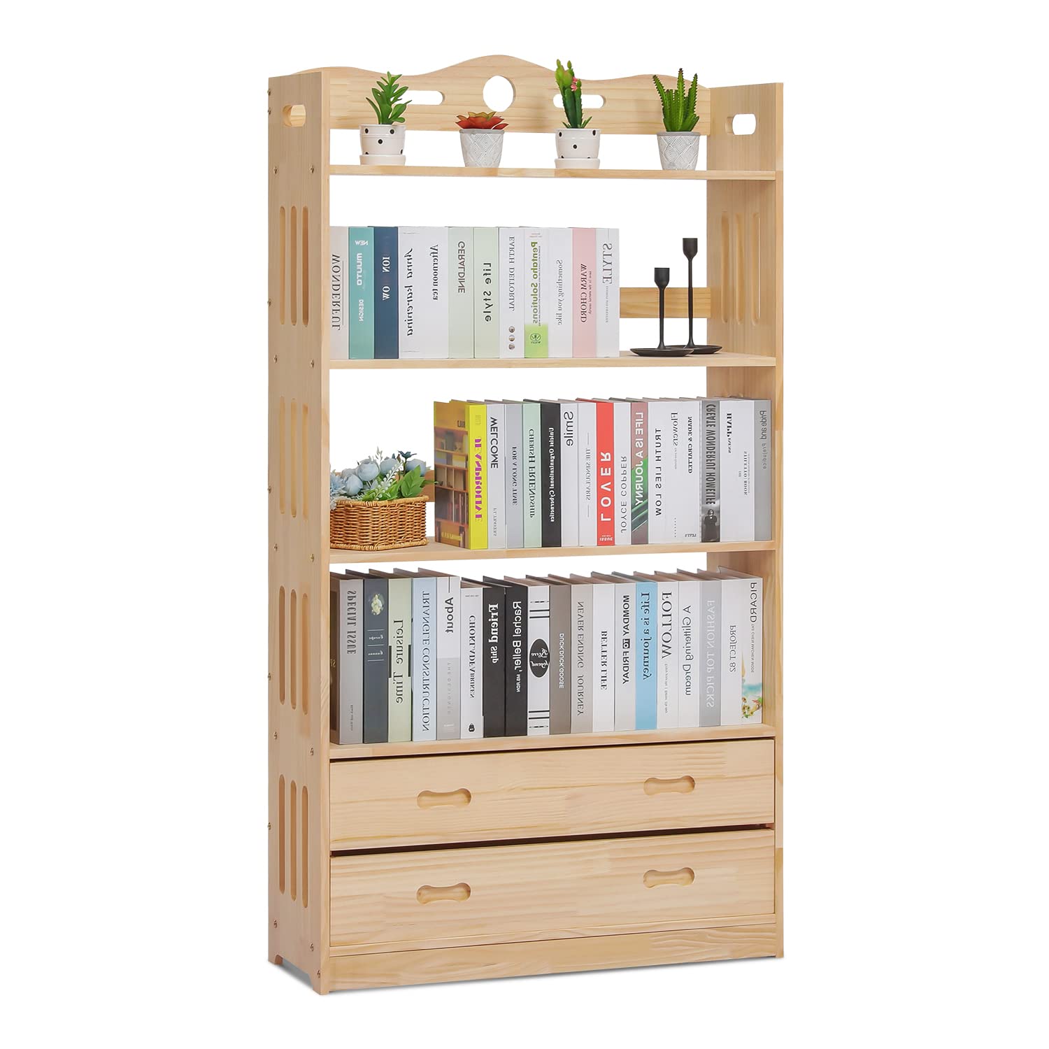 MoNiBloom 4-Tier Solid Wood Bookcase with Open Shelves & 2 Drawers - Large Storage Organizer Shelf for Living Room, Bedroom, Kids Room - Natural Wood Book Display Cabinet for Home Office & Nursery Organization
