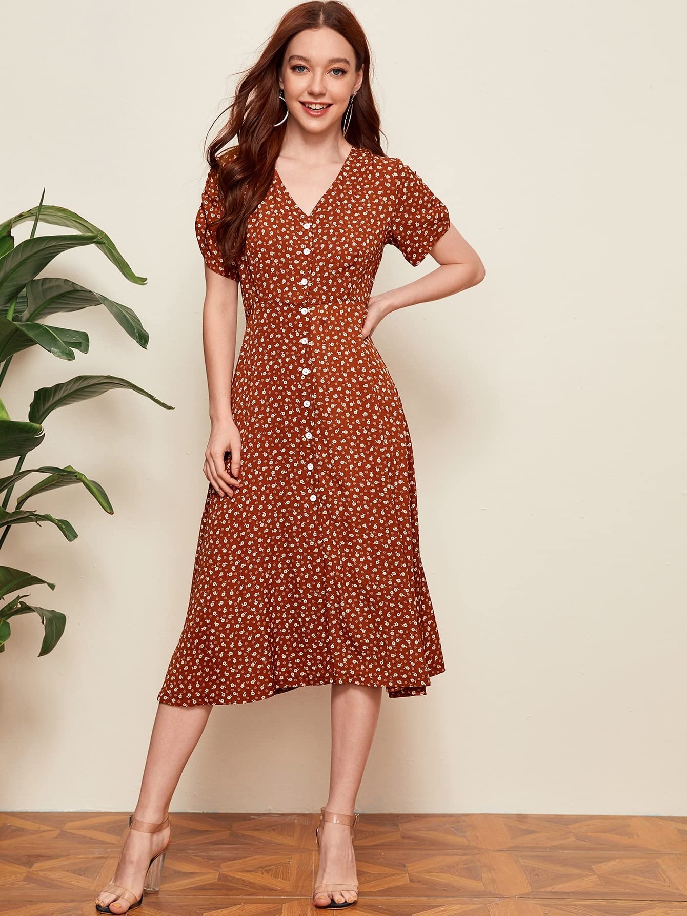 2022 Summer Women's Floral Midi Dress with Button Front - Short Sleeve Tea Dress for Beach, Party & Casual Wear | Perfect for Vacation, Date Night & Outdoor Events