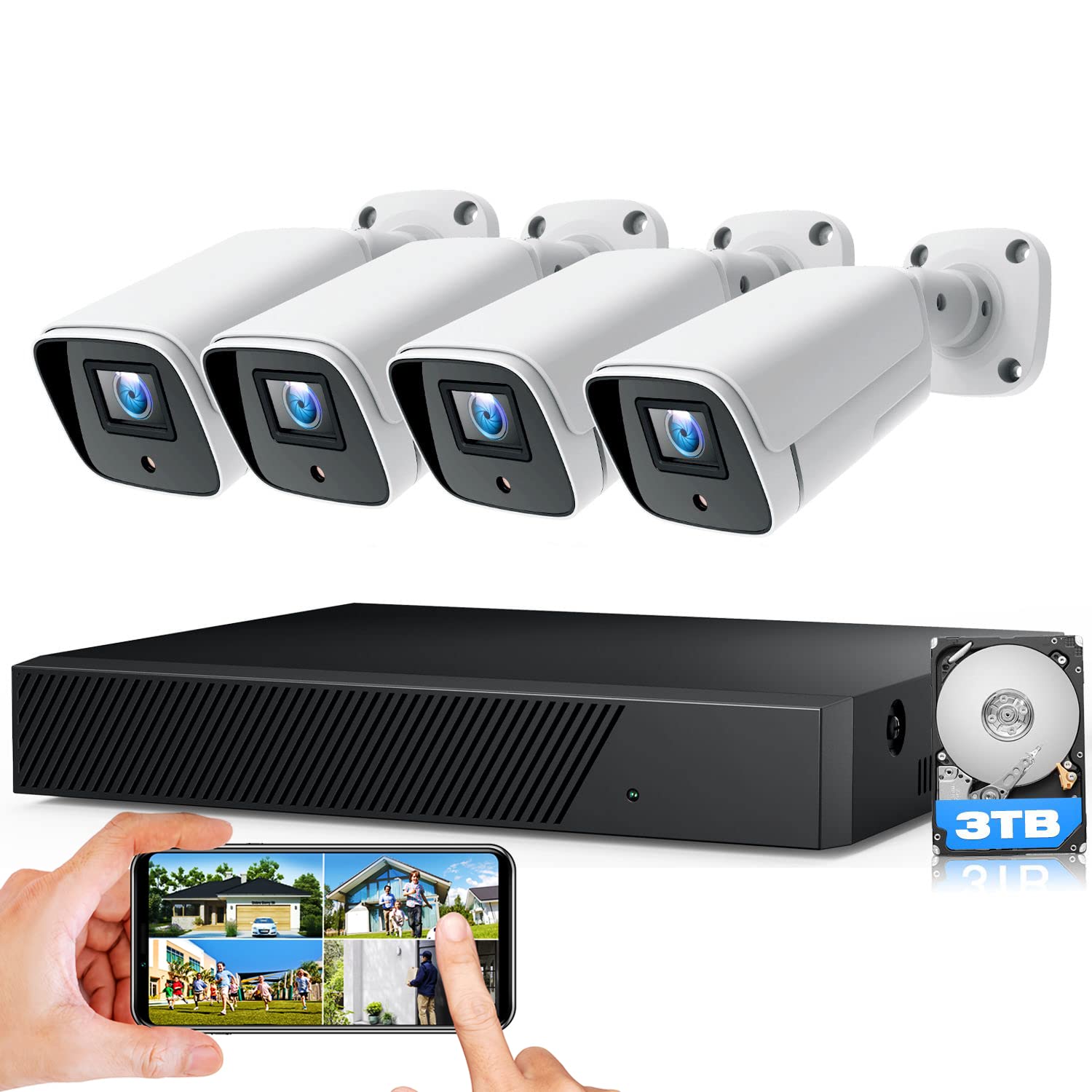 CAMCAMP 8CH 5MP PoE Security Camera System with 3TB HDD & 4 Weatherproof IP Cameras - Outdoor Surveillance Kit with Motion Detection, Night Vision, 24/7 Recording & Email Alerts - Ideal for Home Security, Business Monitoring & Property Protection