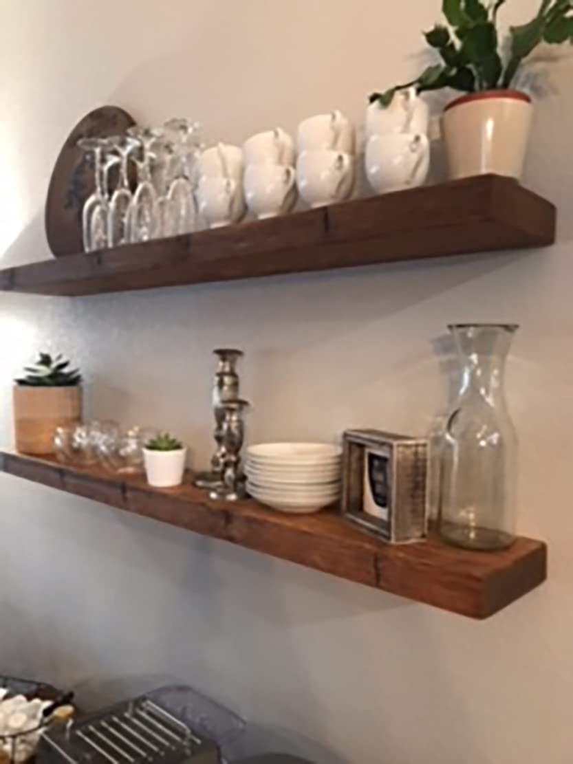 Joel's Antiques - 60 Inch Wooden Floating Shelves for Wall - Natural Solid Wood - Heavy Duty Rustic Fireplace Mantel & Bookshelf - Perfect for Living Room, Bedroom, Office - Medium Brown 60x9x2 in - Wall Decor, Book Display, Photo Frame Shelf