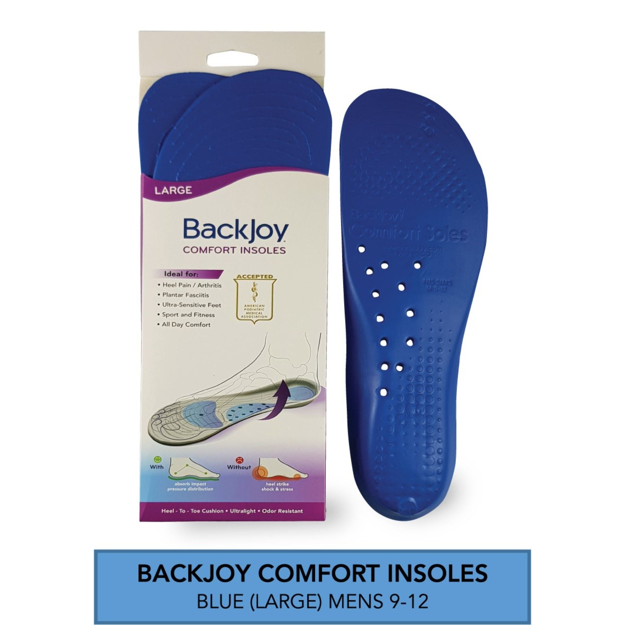 BackJoy Comfort Insoles for Men Size 9-12 (Large) - Sea Blue - Orthotic Arch Support for Plantar Fasciitis Relief - Perfect for Running, Walking & Work Shoes
