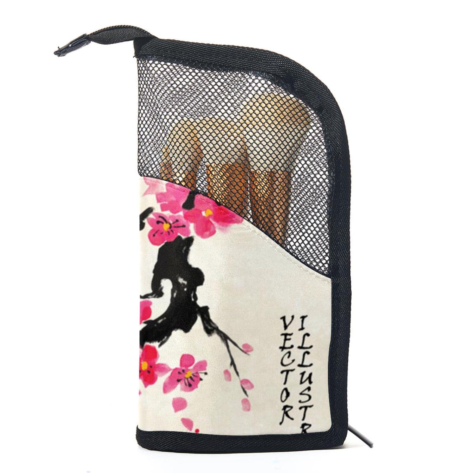 12-Piece Makeup Brush Organizer Bag with Traditional Japanese Cherry Blossom Design - Portable Cosmetic Brush Holder Case for Travel & Home Storage
