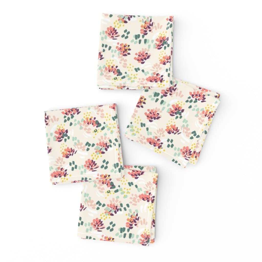 Spoonflower Linen Cotton Canvas Cocktail Napkins Set of 4 - Ditsy Abstract Floral Leaves Blossom Mustard Plum Blush Baby Print Cloth Napkins for Parties, Weddings & Home Decor