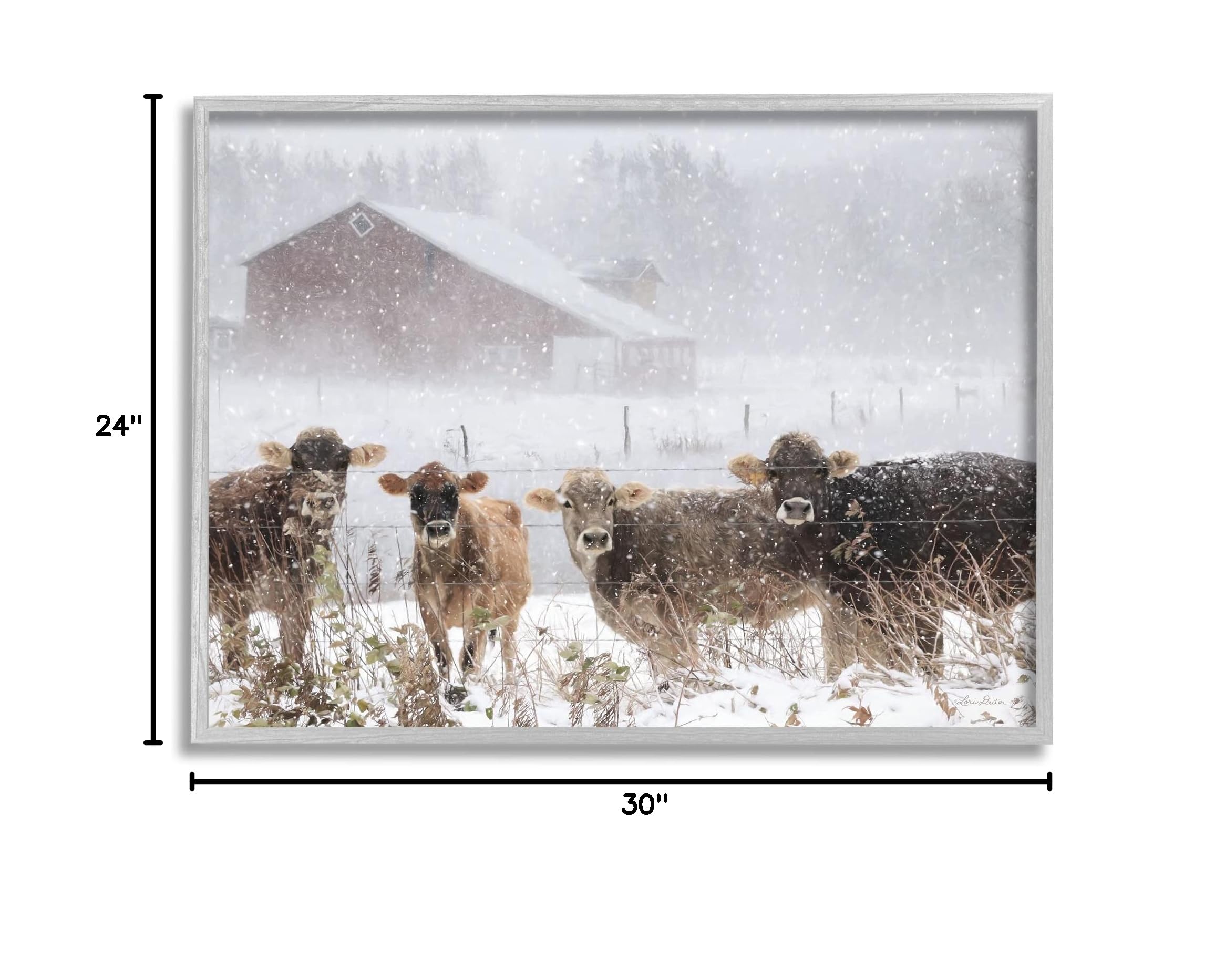 Stupell Industries Winter Farm Scene Wall Art - Snowy Cow Cattle Barn Painting by Lori Deiter - Perfect for Farmhouse Decor, Living Room & Country Style Home