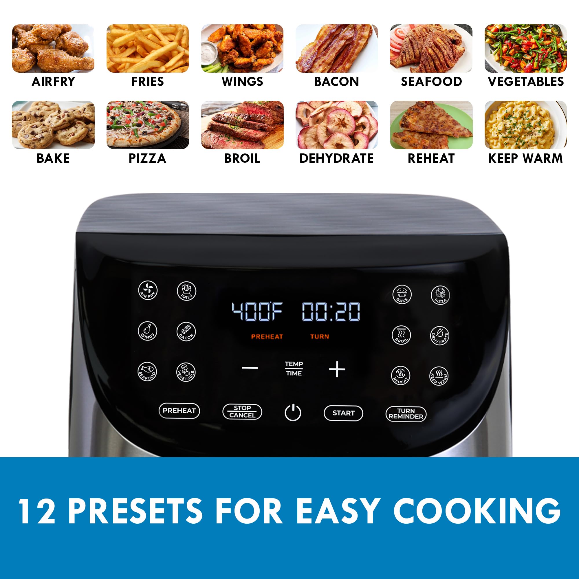 Kenmore 8 Quart Digital Air Fryer with Non-Stick Basket - 12 Preset Cooking Functions, Touch Screen Controls for French Fries, Chicken & More | Compact Countertop Kitchen Appliance for Healthy Frying, Baking & Roasting | Perfect for Family Dinners, Parties & Quick Meals | Stainless Steel Black Design