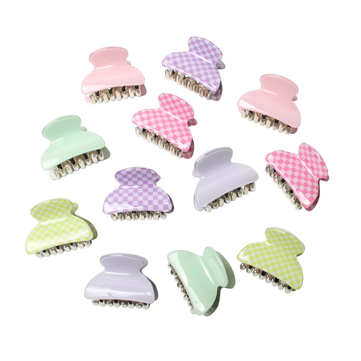 Small Hair Clips for Women & Girls - 12 Pack Cute Checkerboard Acrylic Hair Claw Clips (1.57 Inch) - Non-Slip Jaw Clamp for School, Work, Parties & Everyday Styling