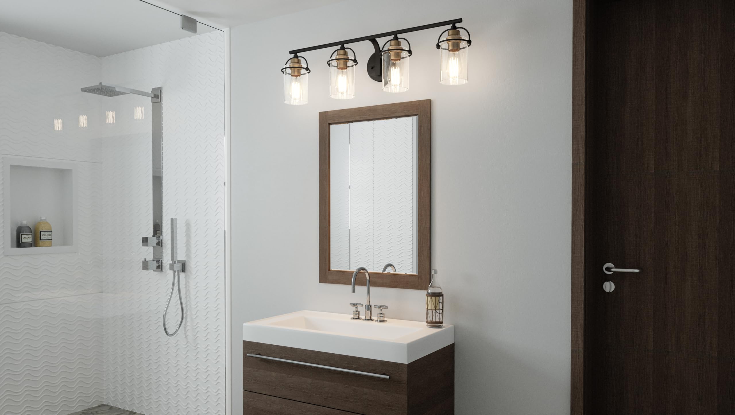 Quoizel Emerson 33 Inch 4-Light Matte Black Bathroom Vanity Light Fixture - Clear Glass Shades, Transitional Wall Mount Mirror Lighting for Bathroom, Powder Room & Dressing Area