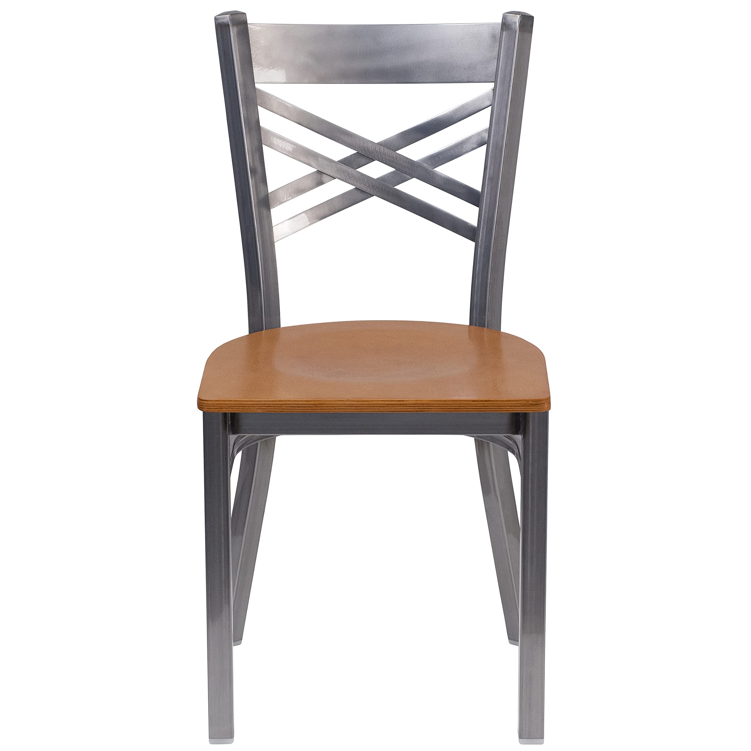 EMMA + OLIVER Clear Coated X Back Metal Restaurant Chair with Natural Wood Seat - Durable Commercial Dining Furniture for Cafes, Bistros & Home Kitchens