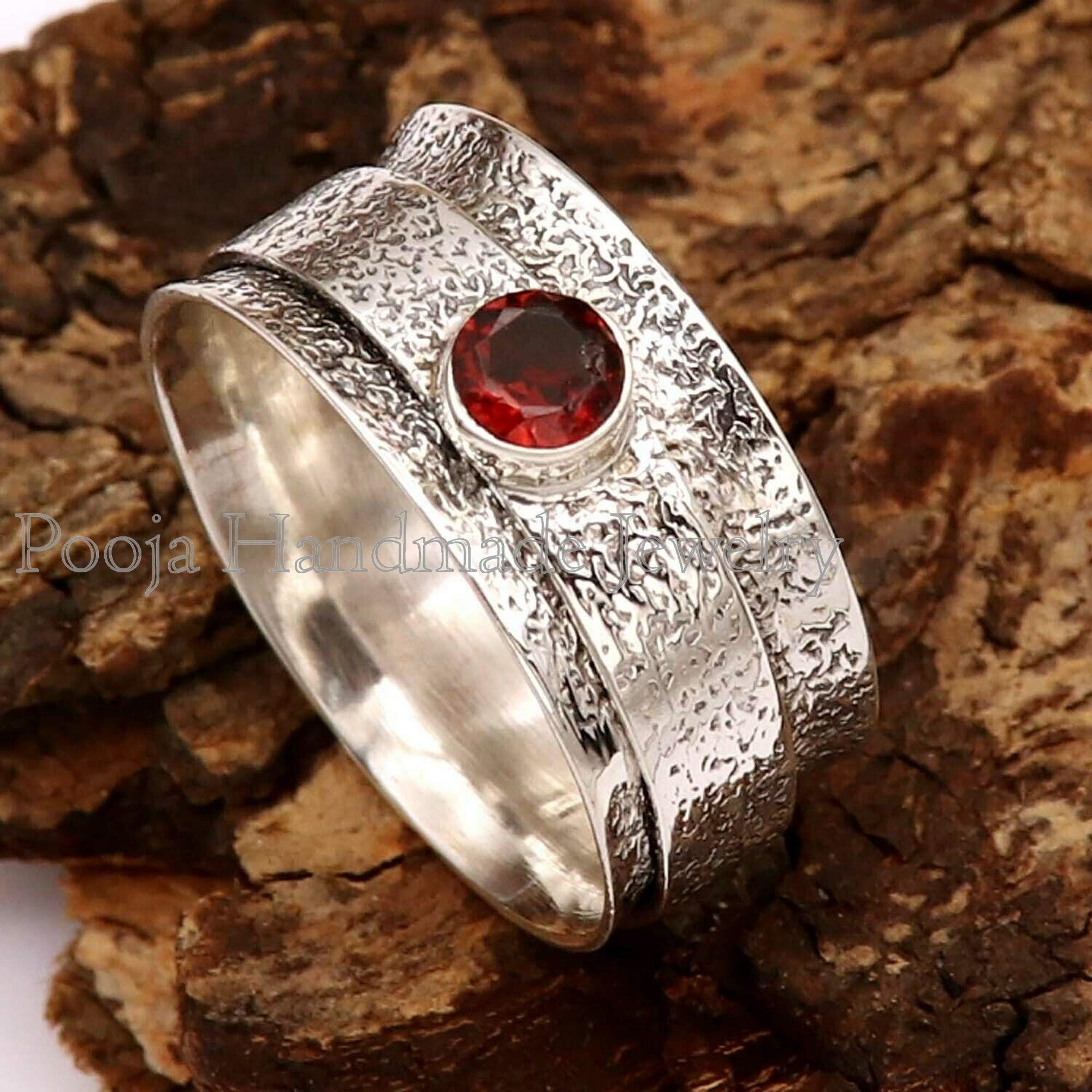 Handmade Garnet Spinner Ring for Women - Silver Meditation & Anxiety Relief Spinning Ring with Genuine Garnet Gemstone - Perfect for Stress Relief, Mindfulness, and Mother’s Day Gifts