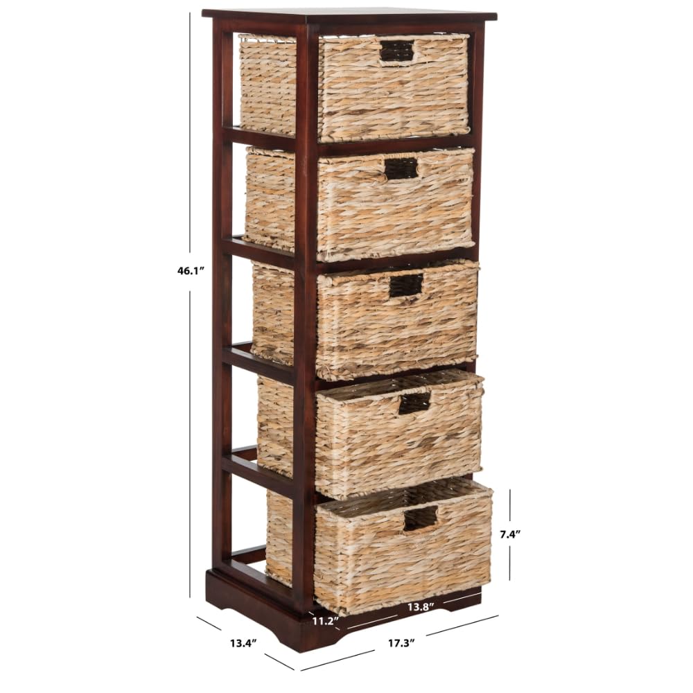 SAFAVIEH Vedette Cherry 5-Drawer Wicker Basket Storage Tower - Fully Assembled Rattan Organizer for Bedroom, Bathroom & Closet Organization
